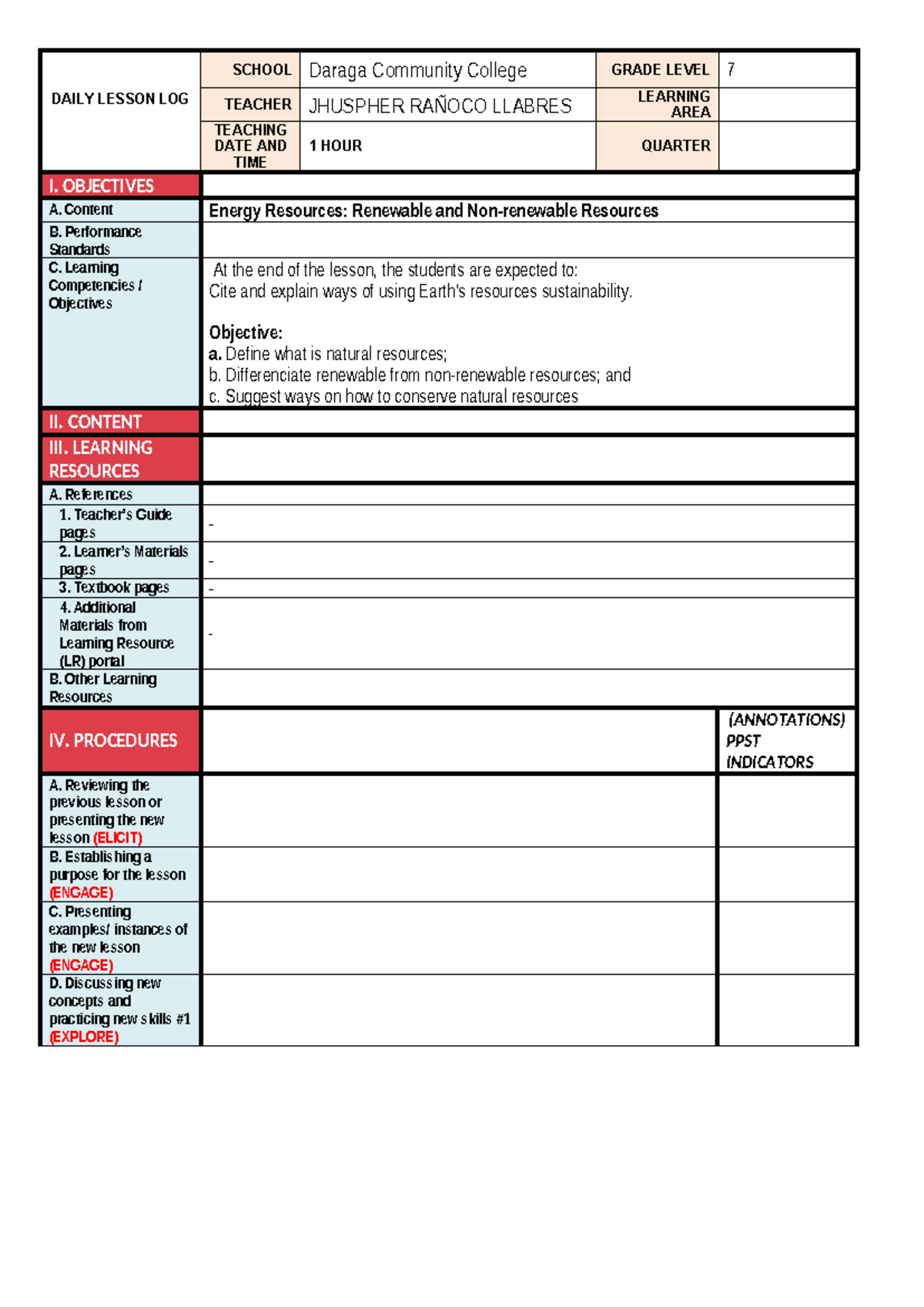 DLL for Class Observation with 7Es template - DAILY LESSON LOG SCHOOL ...