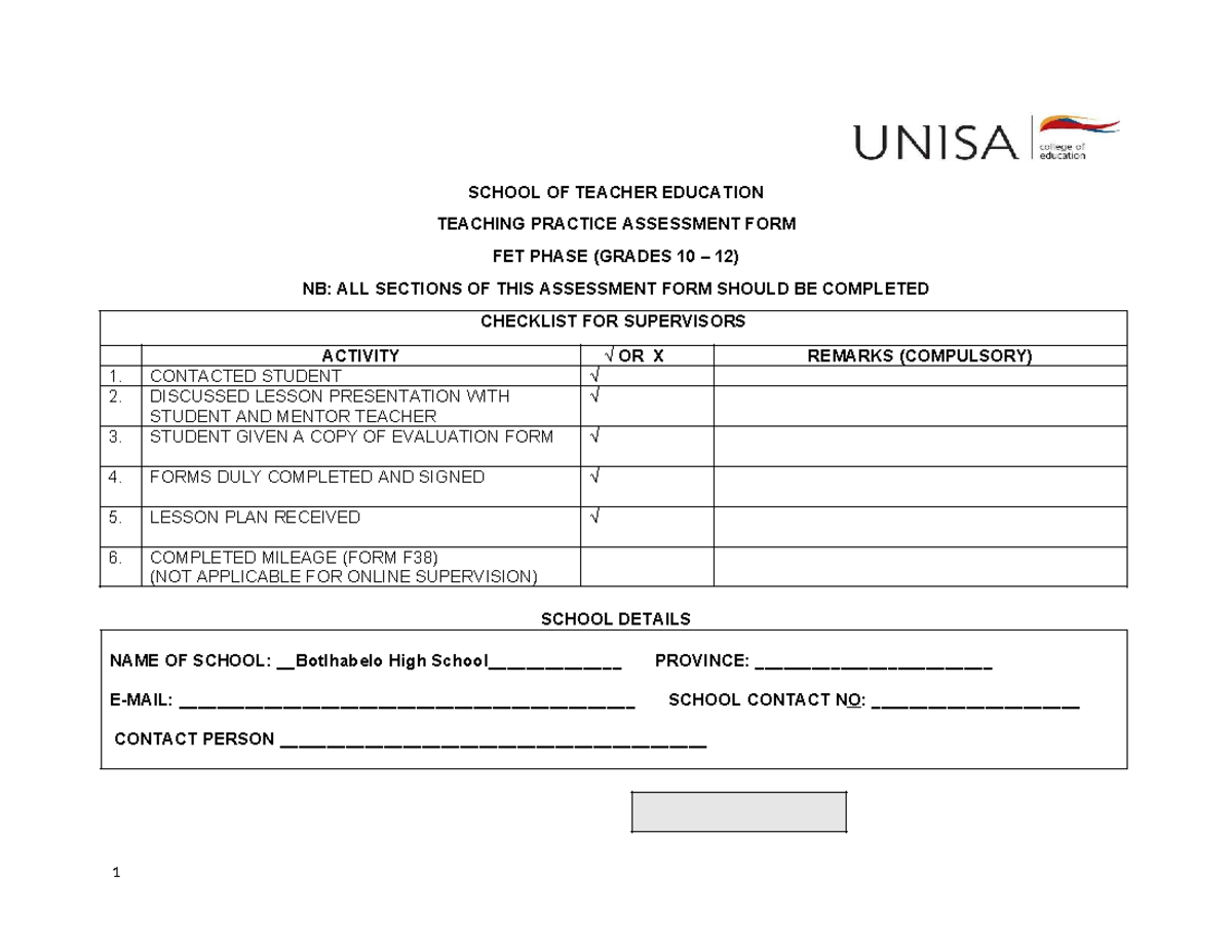 Teaching Practice Assessment Form FET Phase (Grades 10-12) - Karabo ...