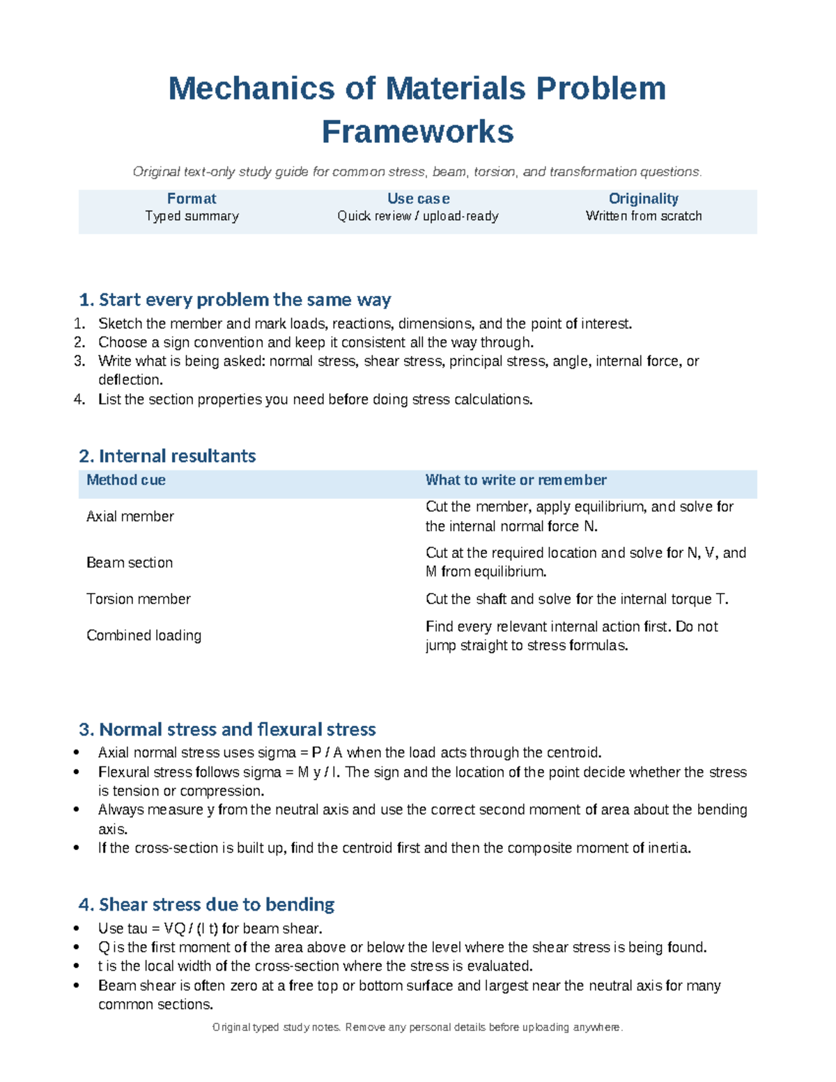 Mechanics of Materials Study Guide: Stress, Beam, and Torsion Concepts ...