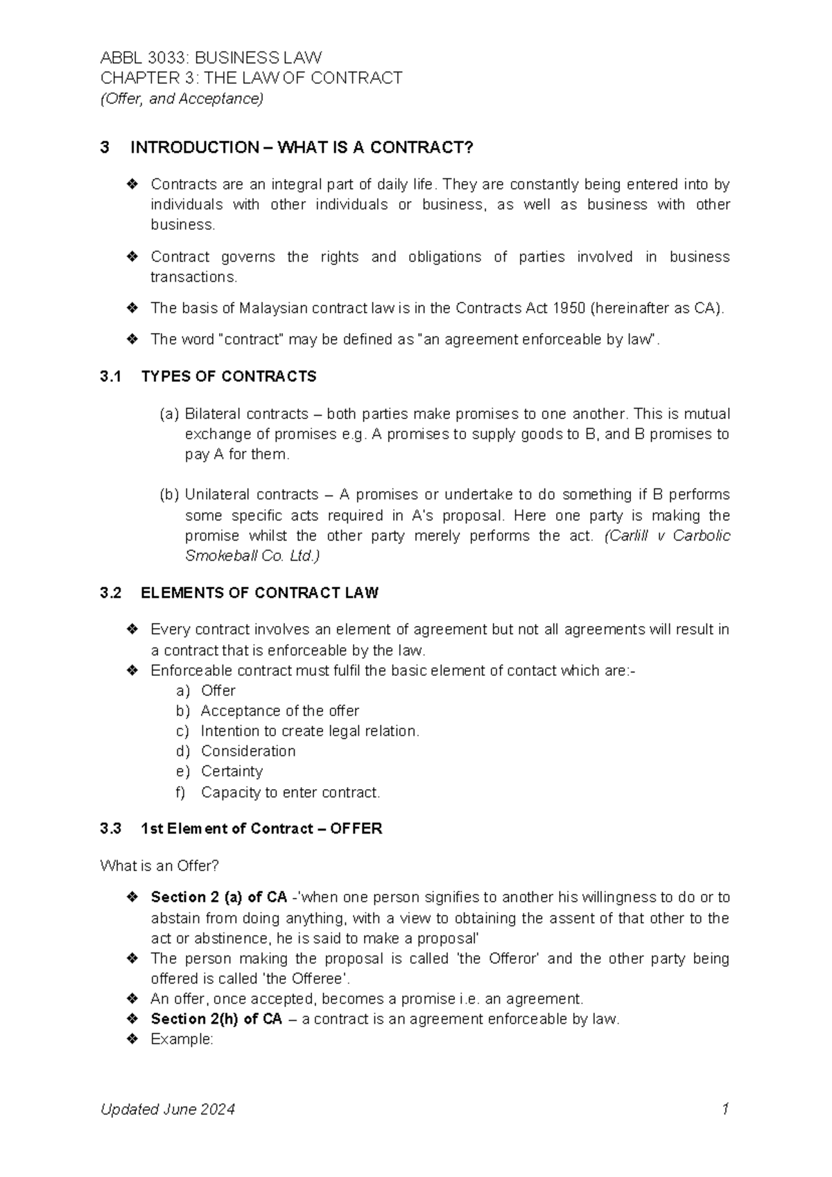 Chapter 3: The Law of Contract (Offer and Acceptance) - Course Code ...