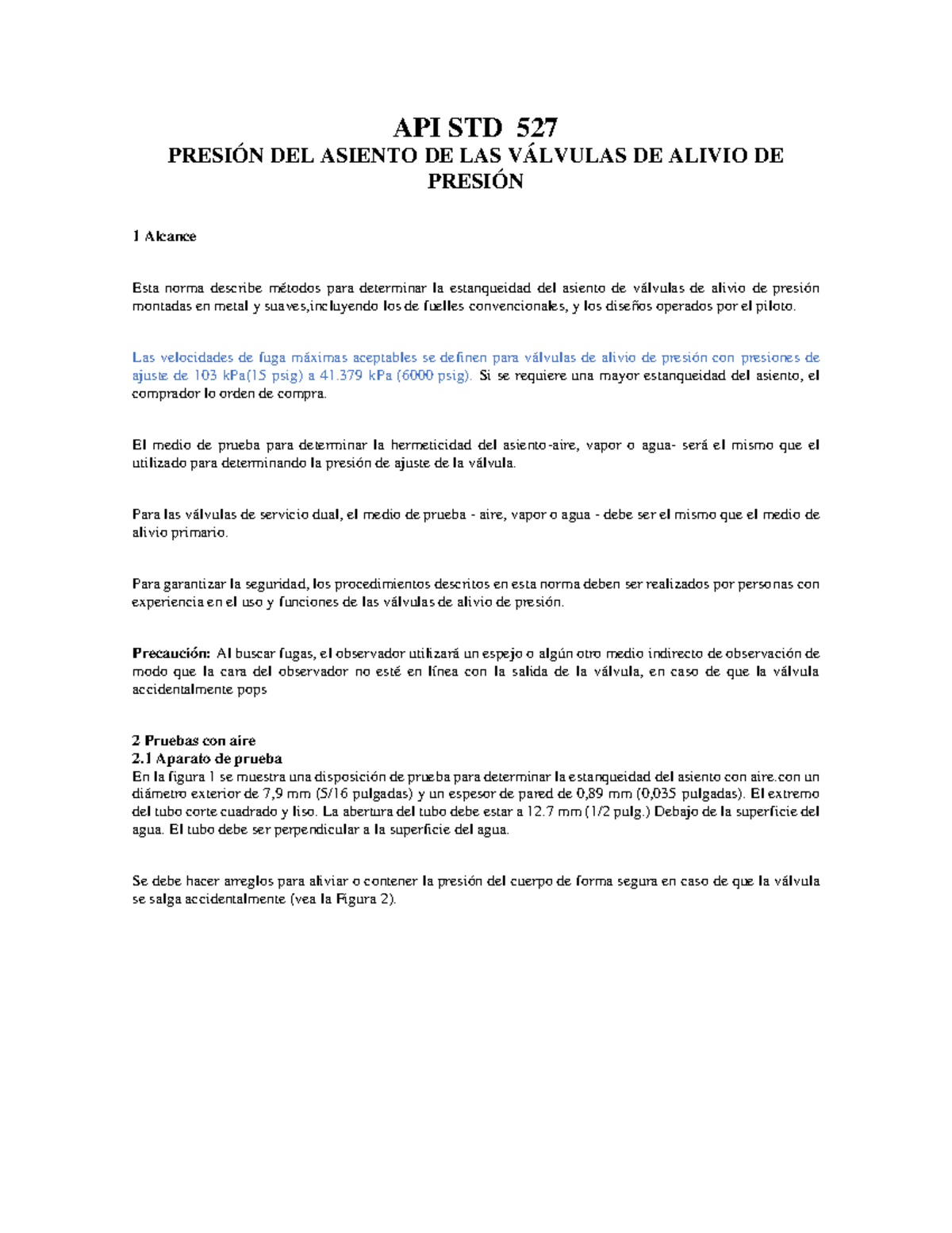 API 527 2020 - Métodos de Prueba para Válvulas de Seguridad - Studocu