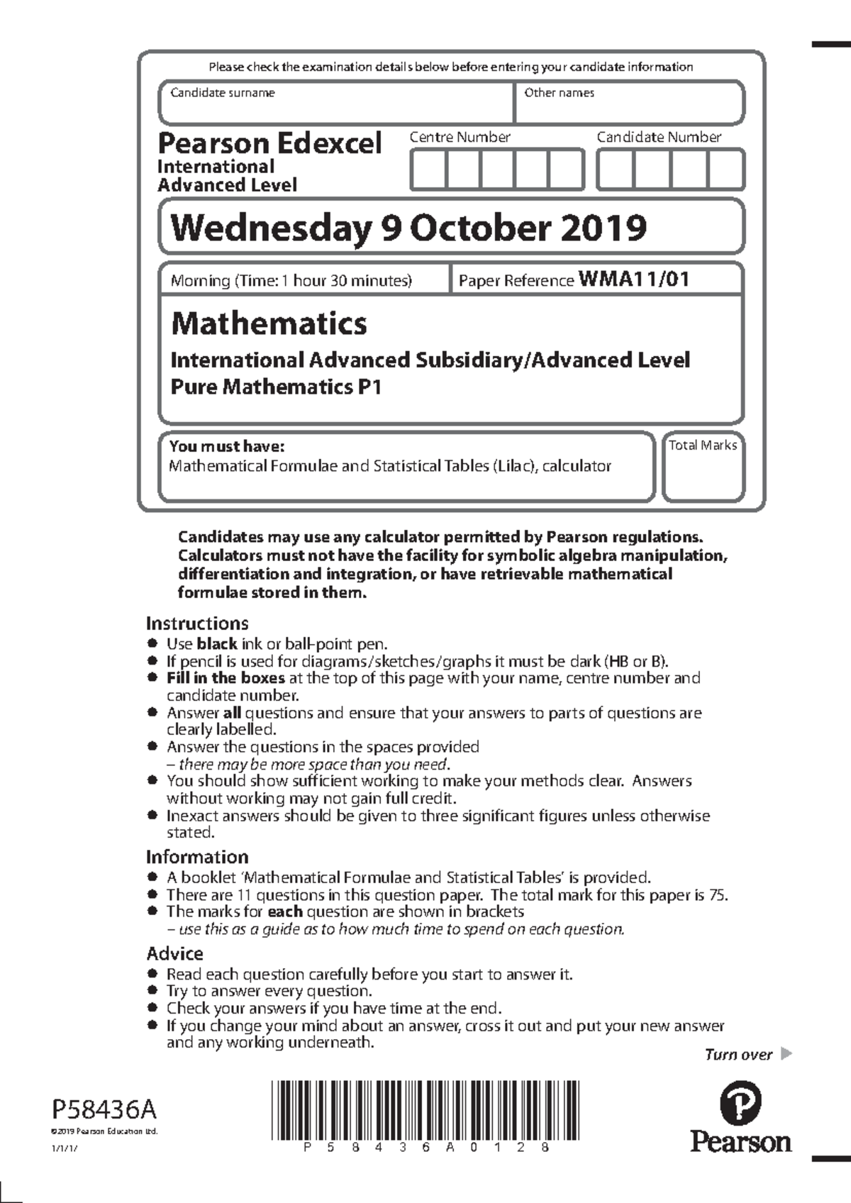 IAL Mathematics International Advanced Level Pure Mathematics P1 Exam ...
