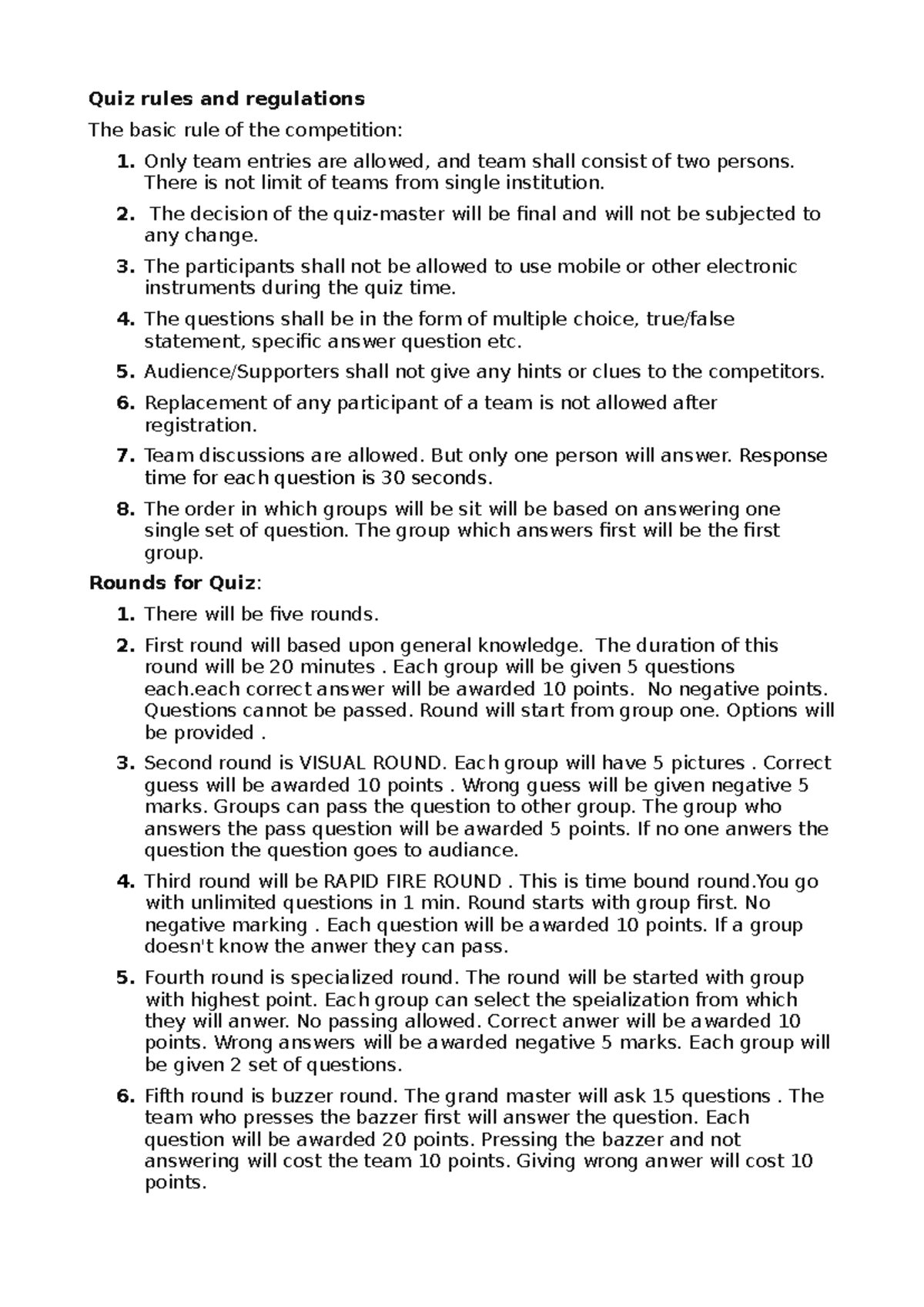 Quiz 2023 - Rules & Regulations for General Knowledge Competition - Studocu
