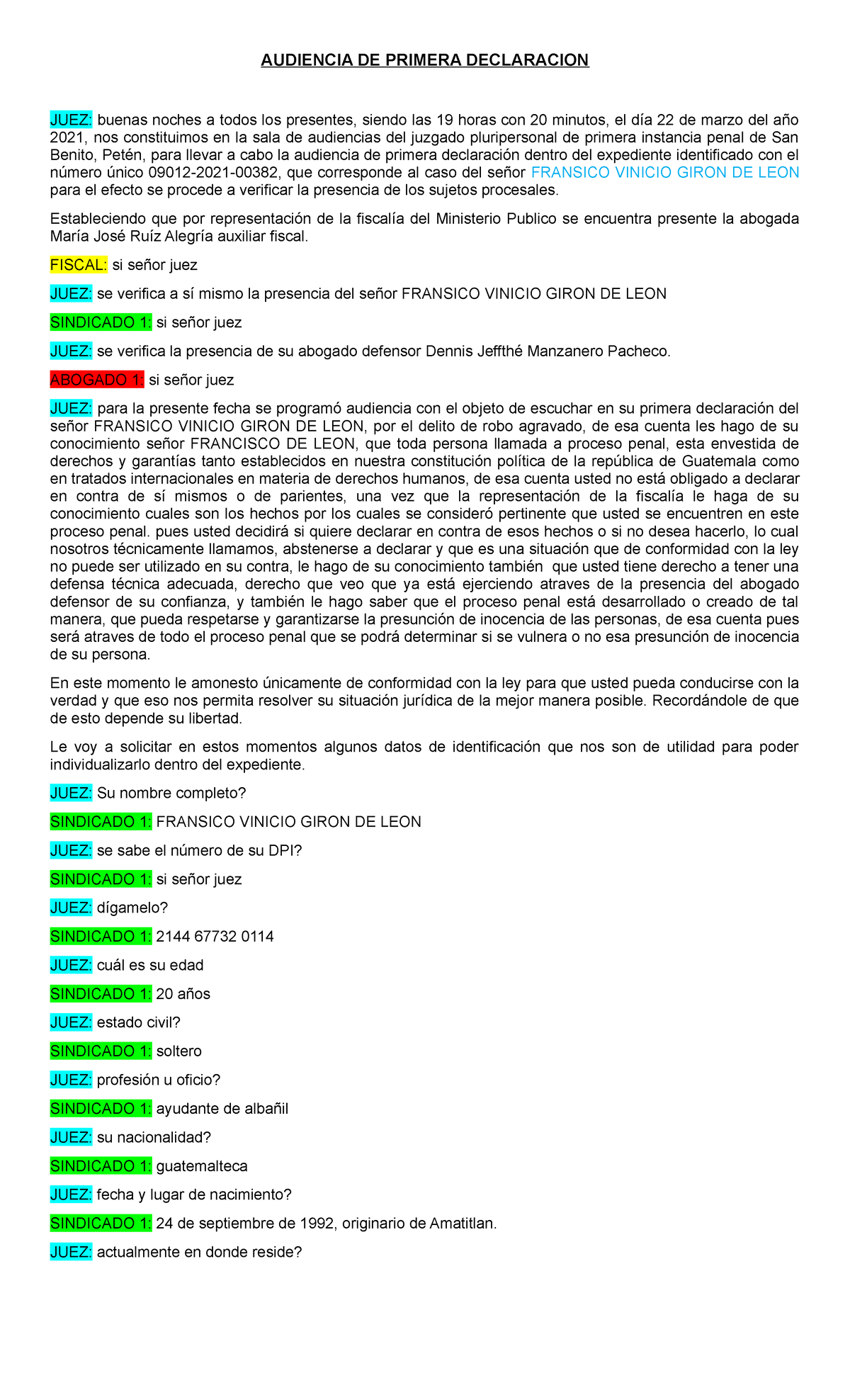 Audiencia de Primera Declaración del Caso 09012-2021-00382 - Document Preview