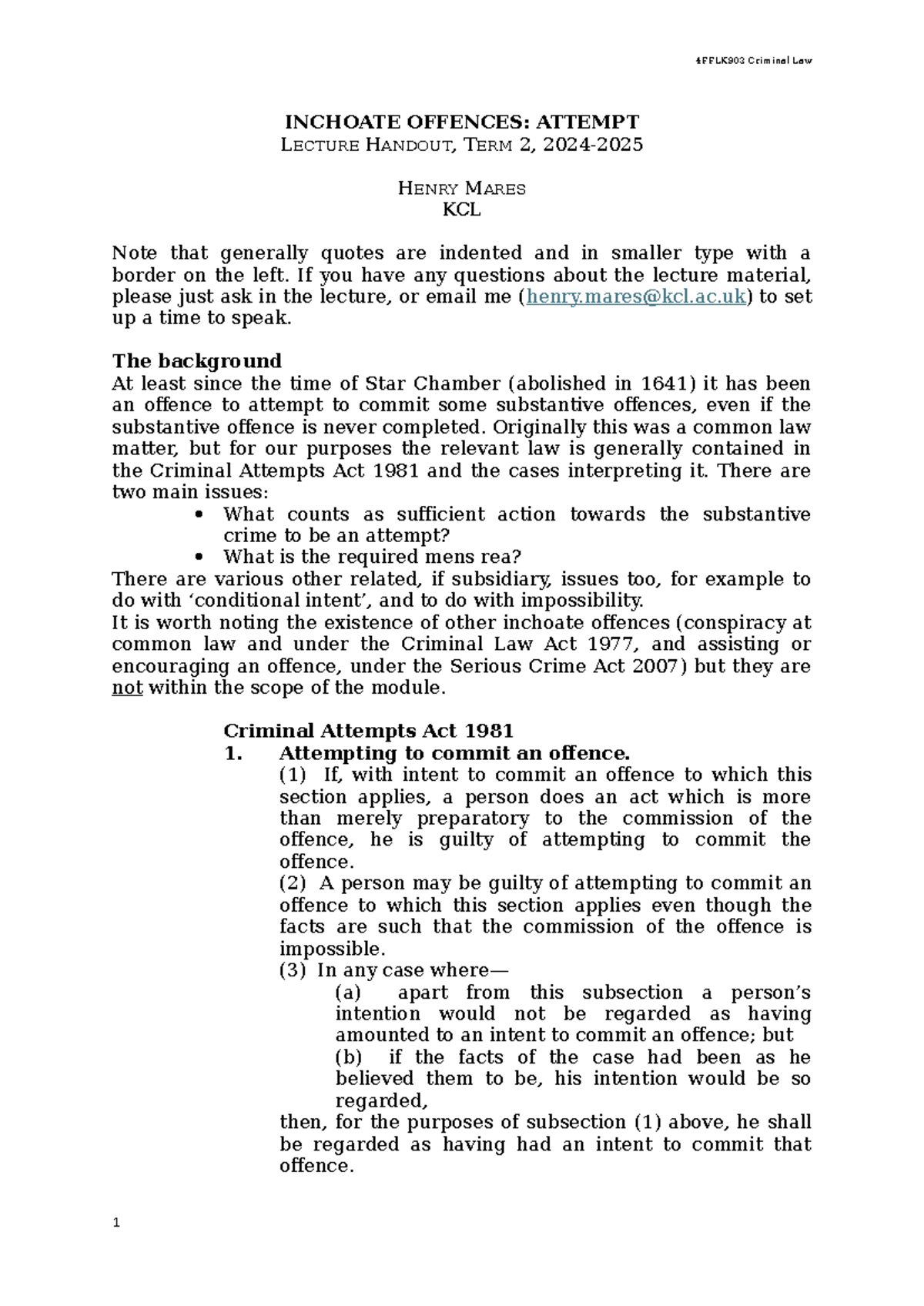 4FFLK903 Criminal Law: Inchoate Offences - Attempt Lecture Notes - Studocu