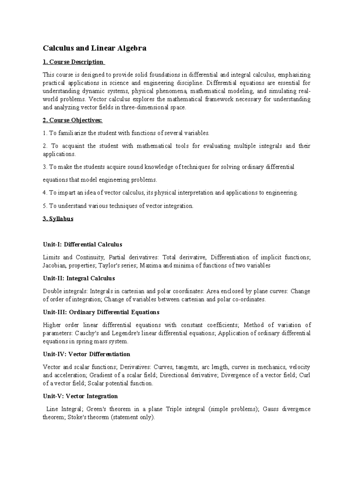 Calculus and Linear Algebra 1: Course Overview and Syllabus - Studocu