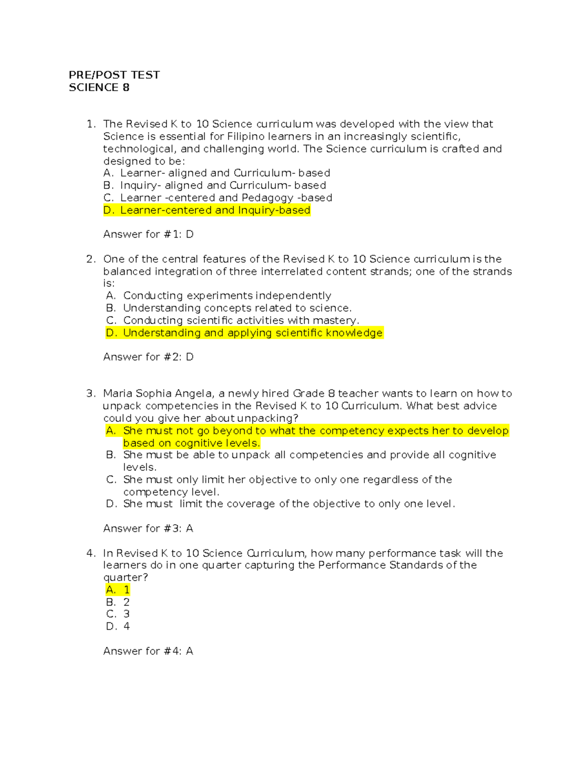 Pre-Post Test for Science 8: Understanding the Revised K to 10 ...