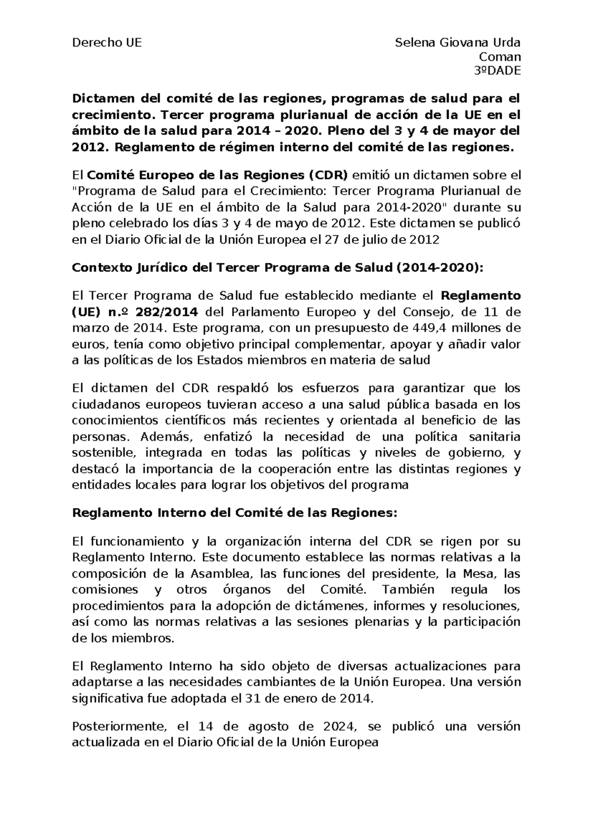 Dictamen del comité de las regiones - Derecho UE Selena Giovana Urda ...