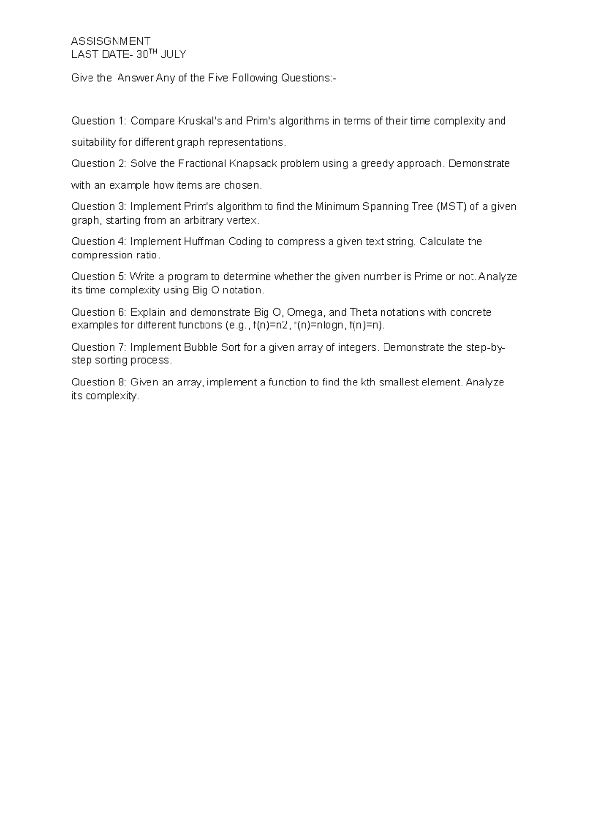 DAA Assignment: Algorithm Analysis & Implementation Questions - Studocu