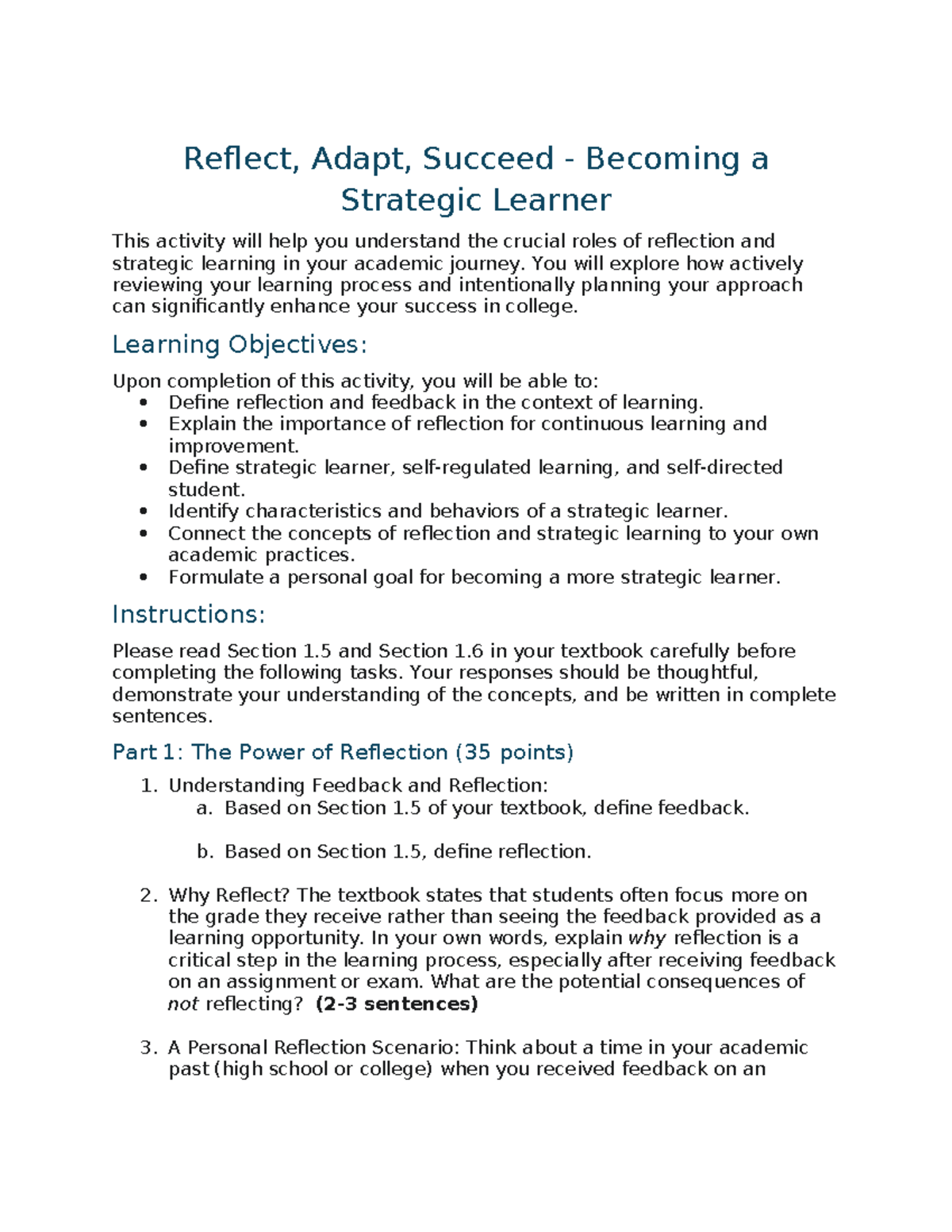 Reflecting to Succeed: Becoming a Strategic Learner Activity - Studocu