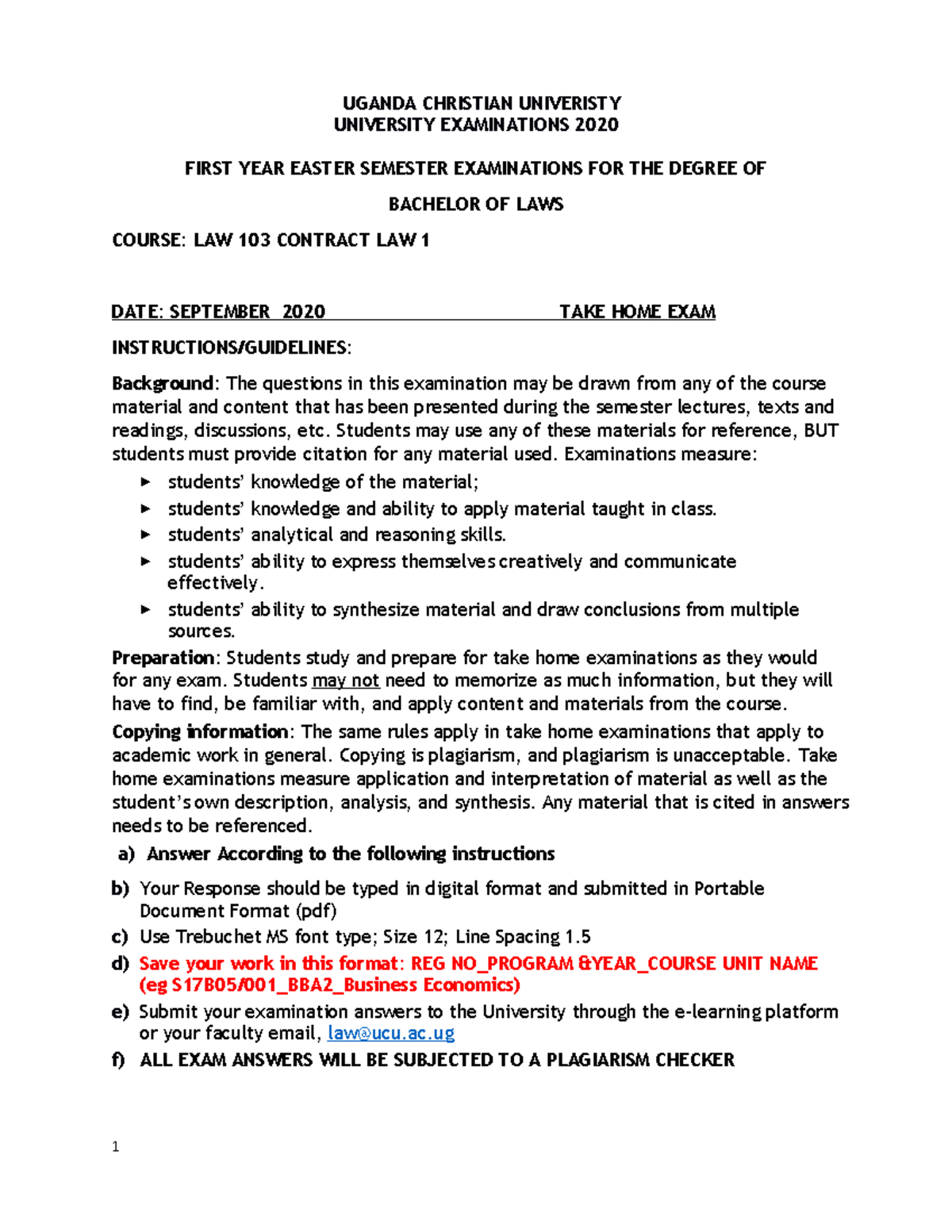 LAW 103 Contract Law I Take-Home Exam Instructions & Guidelines - Studocu