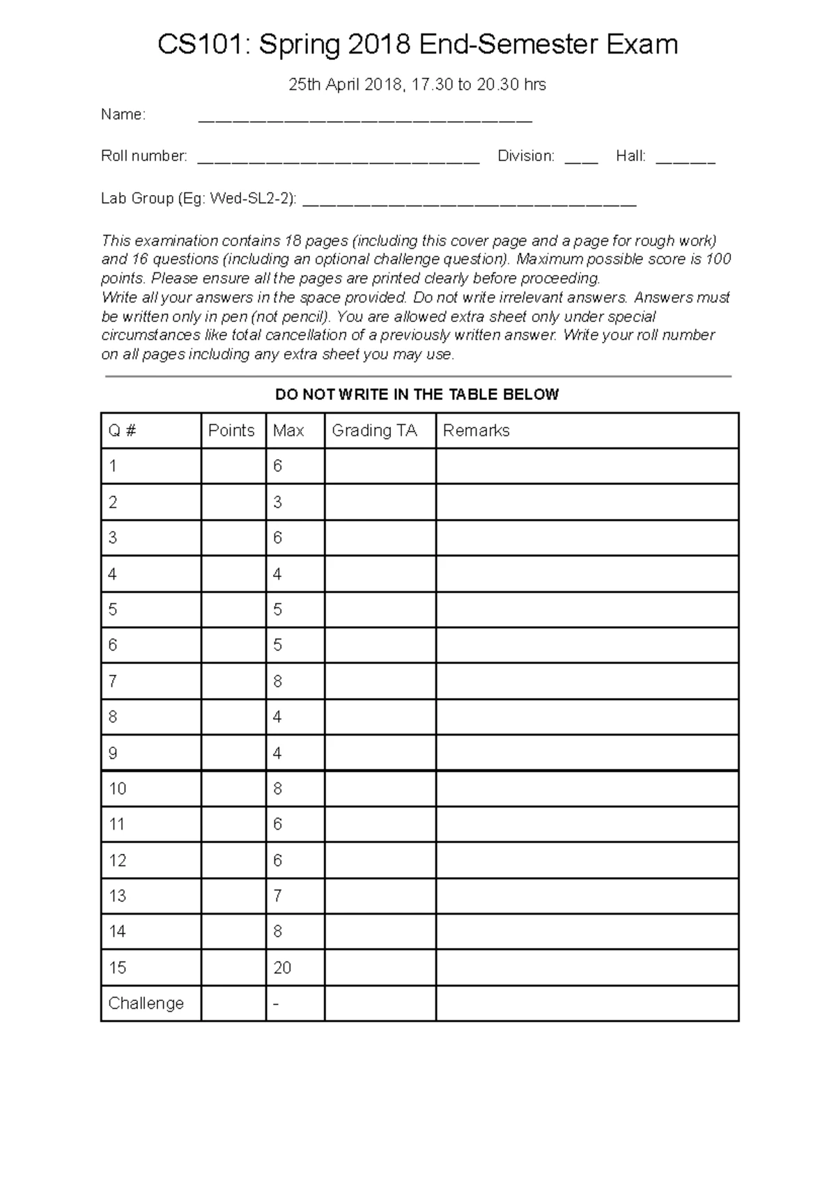 CS 101 Autumn 2023 Endsem Exam: 5 Questions, 75 Marks Guide - Studocu