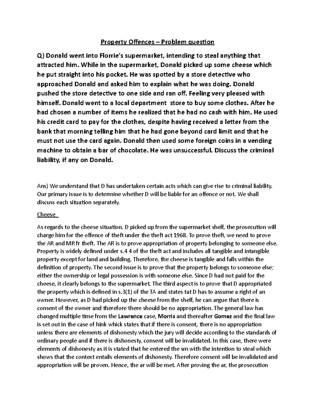 Property Offences - Problem answer - Property Offences – Problem ...
