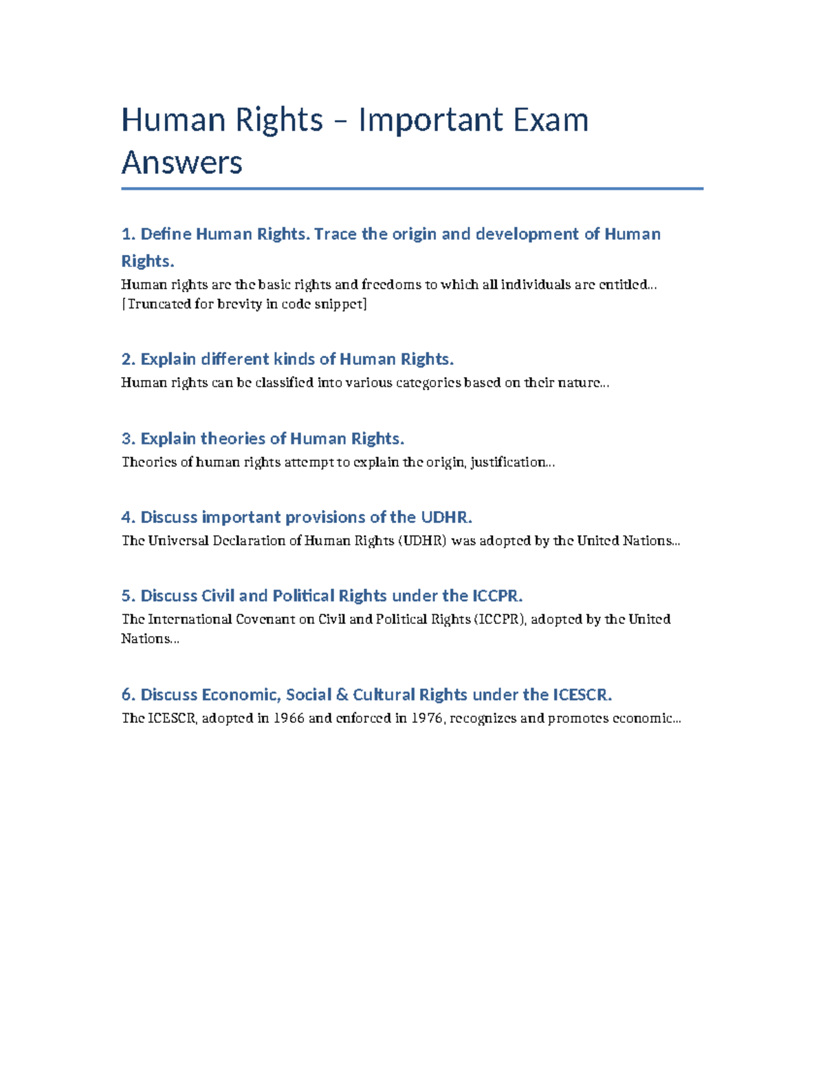 Human Rights Exam Answers: Definitions, Theories & Provisions - Studocu