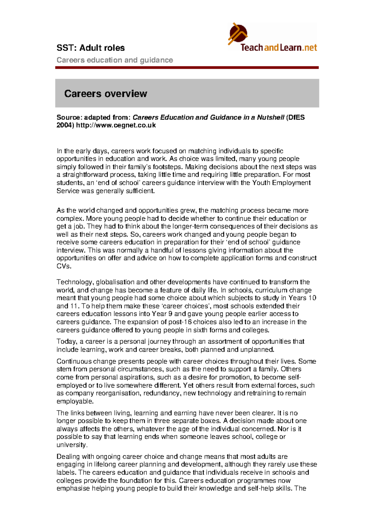 SST: Careers Overview - Adult Roles in Education & Guidance - Studocu
