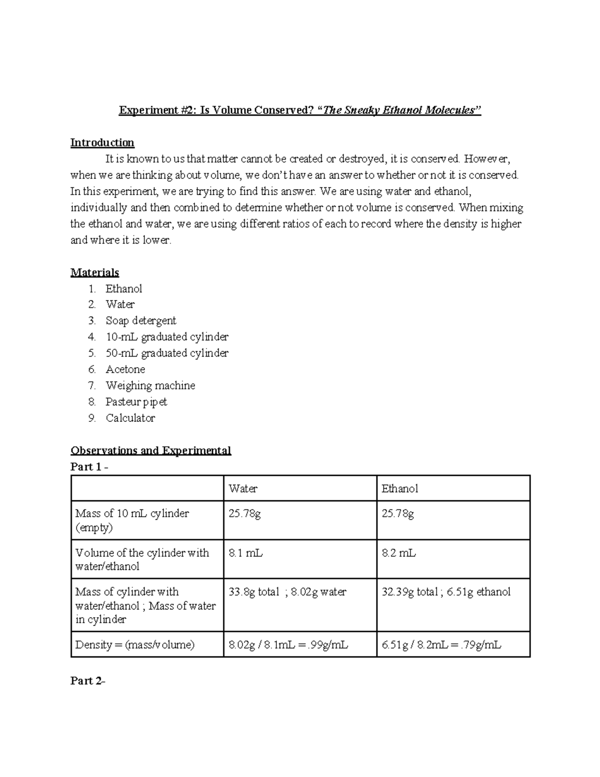 Chem 106 Lab Report 2: Is Volume Conserved in Water and Ethanol? - Studocu