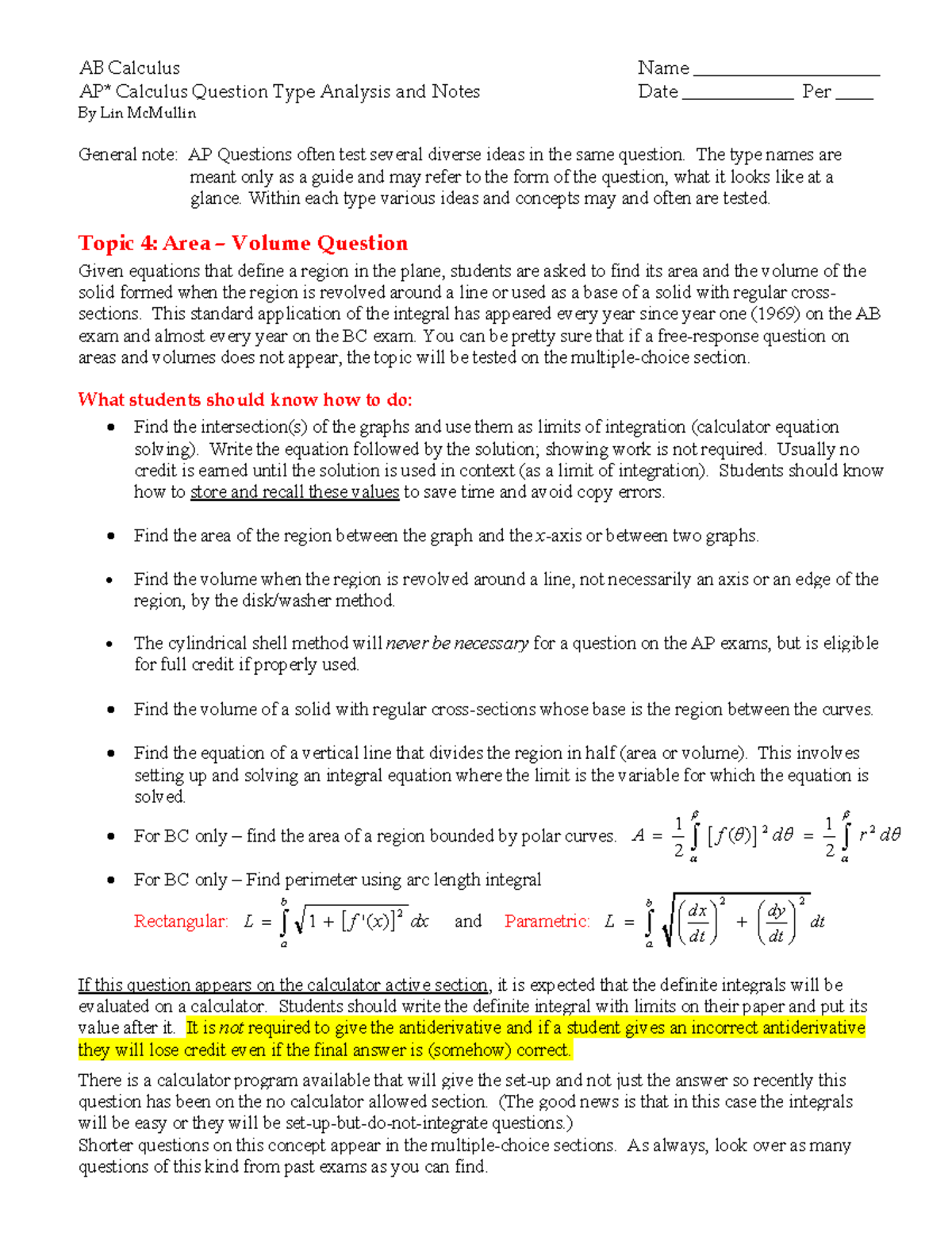 AP Calculus Question Types: Area & Volume Analysis Notes - Studocu
