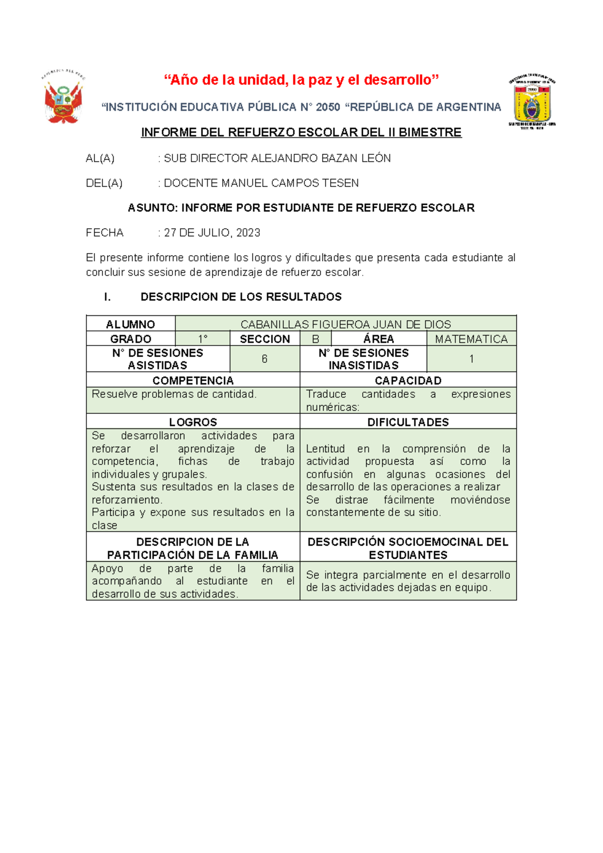 Informe del Refuerzo Escolar II Bimestre - Grado 1° Matemáticas - Document Preview