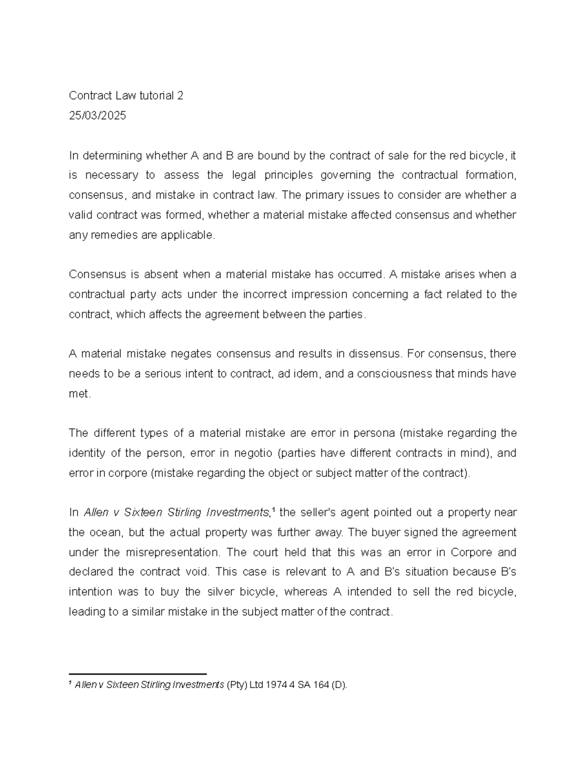 Contract law tut 2 - Consensus and material mistakes in contracts - Studocu