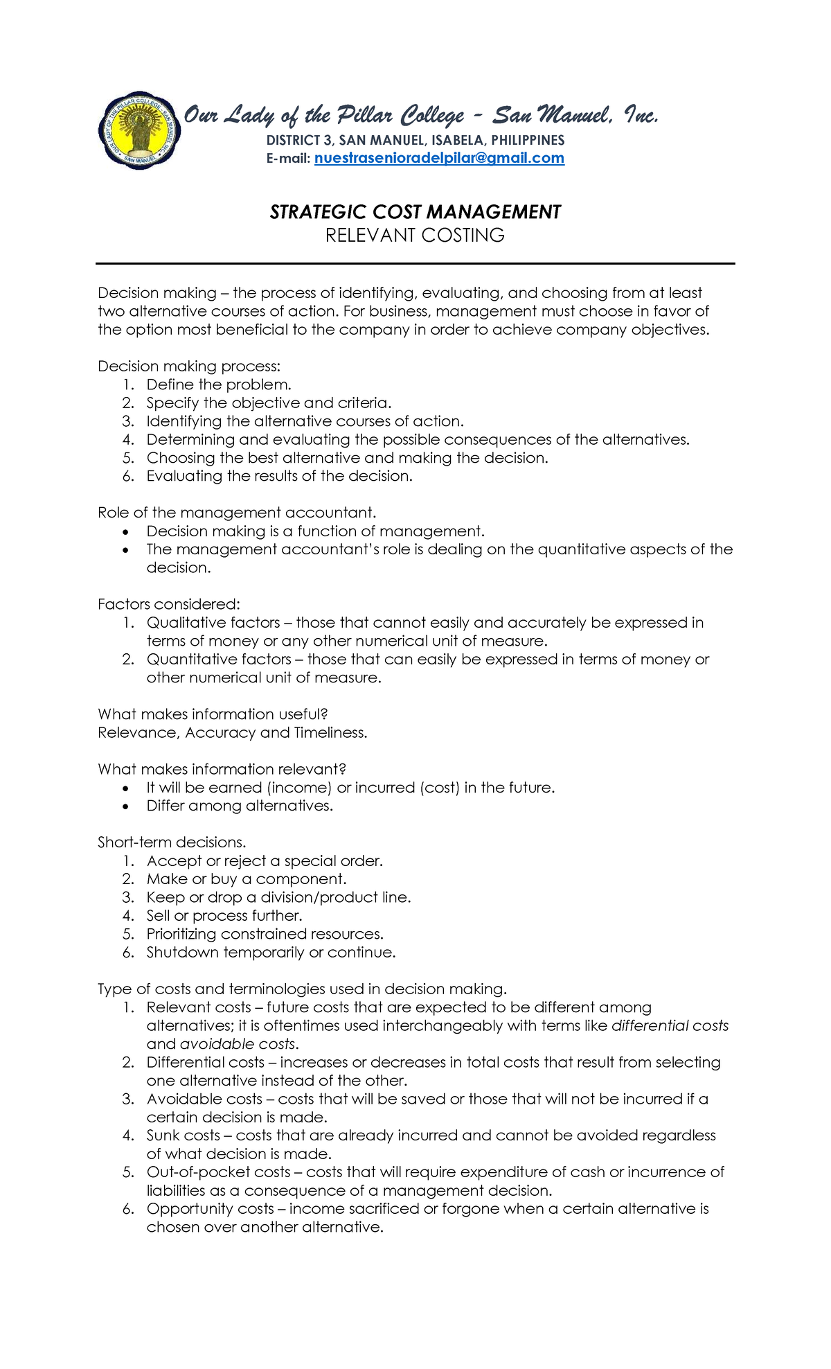Relevant Costing Notes for Strategic Cost Management (STRAMA) - Studocu