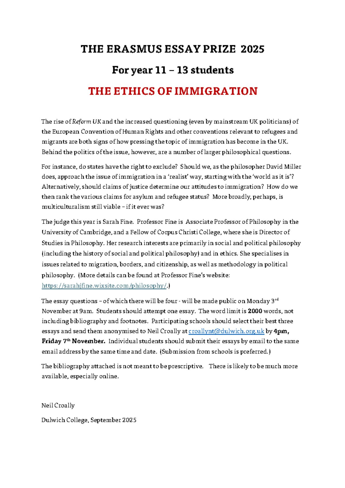 Erasmus Essay Prize 2025: The Ethics of Immigration for Year 11-13 ...