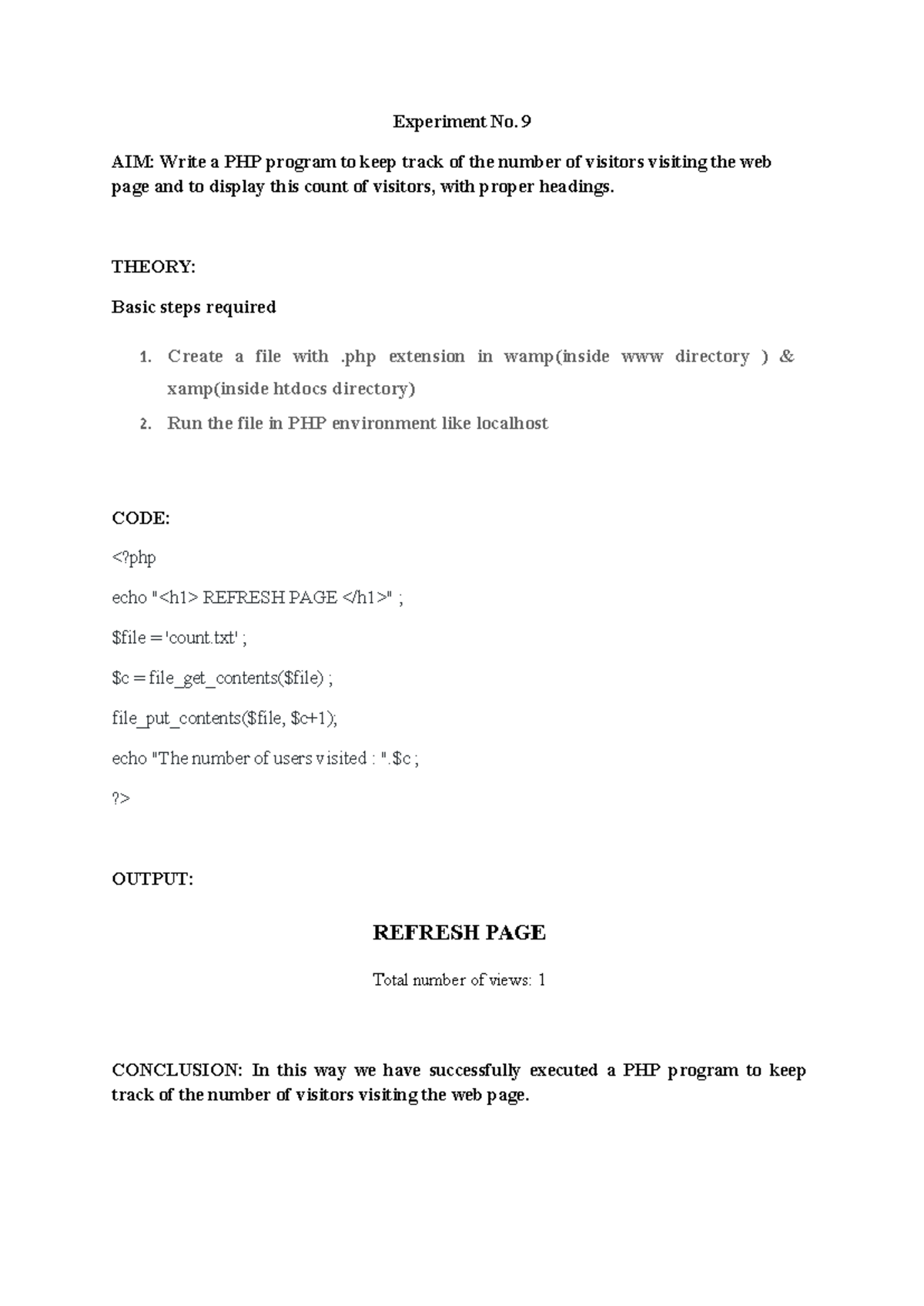 Experiment No. 9 - php lab - Experiment No. 9 AIM: Write a PHP program ...