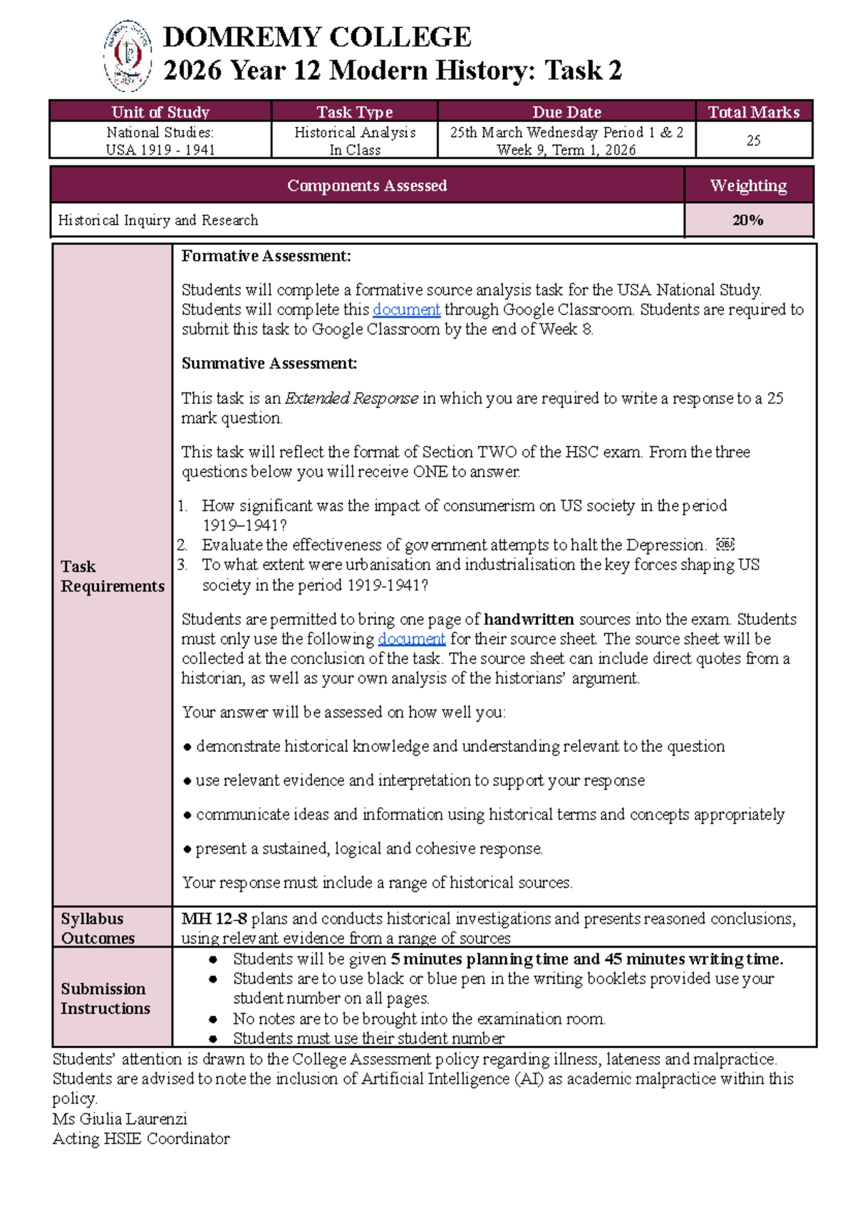 Modern History Task 2: USA 1919-1941 Analysis HSC 2026 - Studocu
