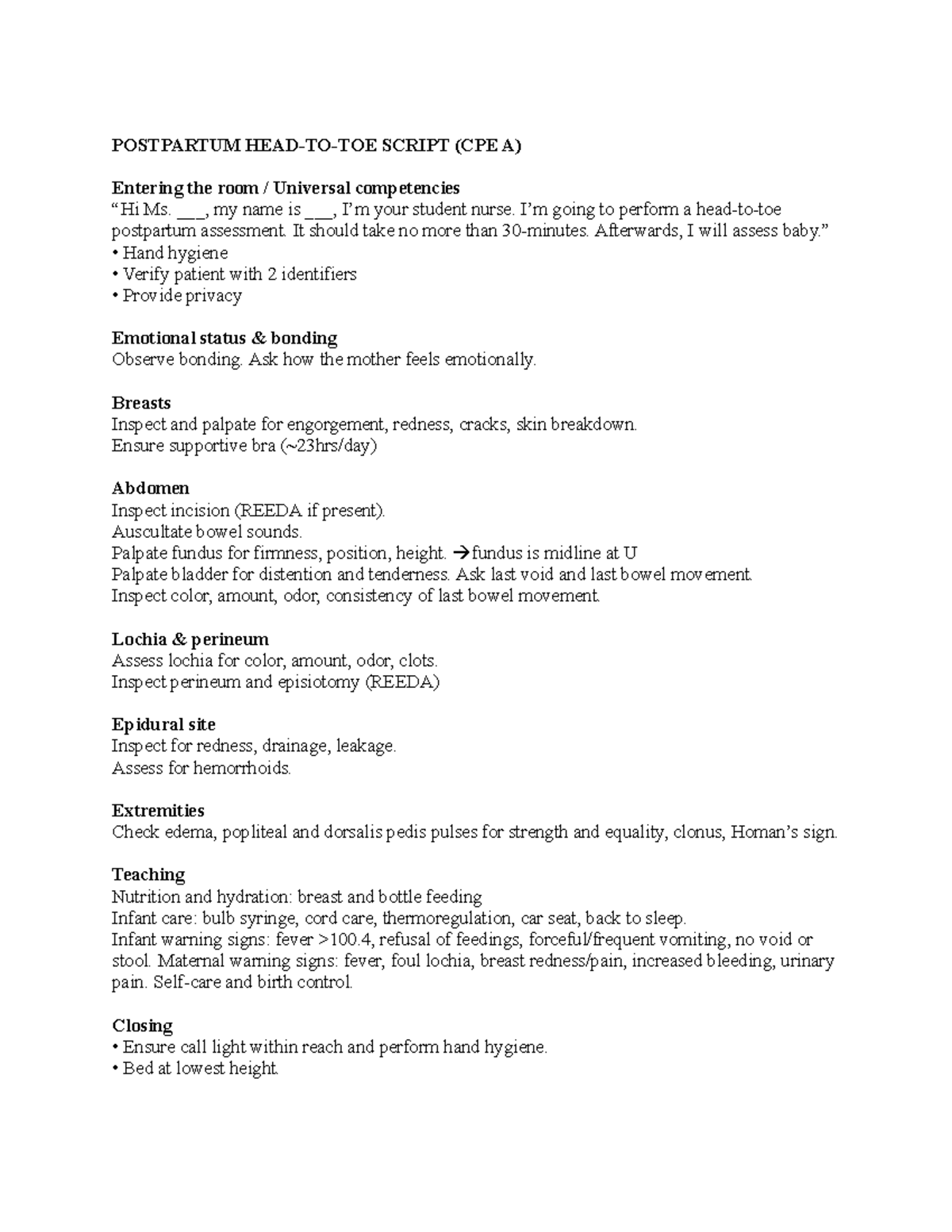 Postpartum/Newborn Assessment Guide (CPE A & B) - Studocu