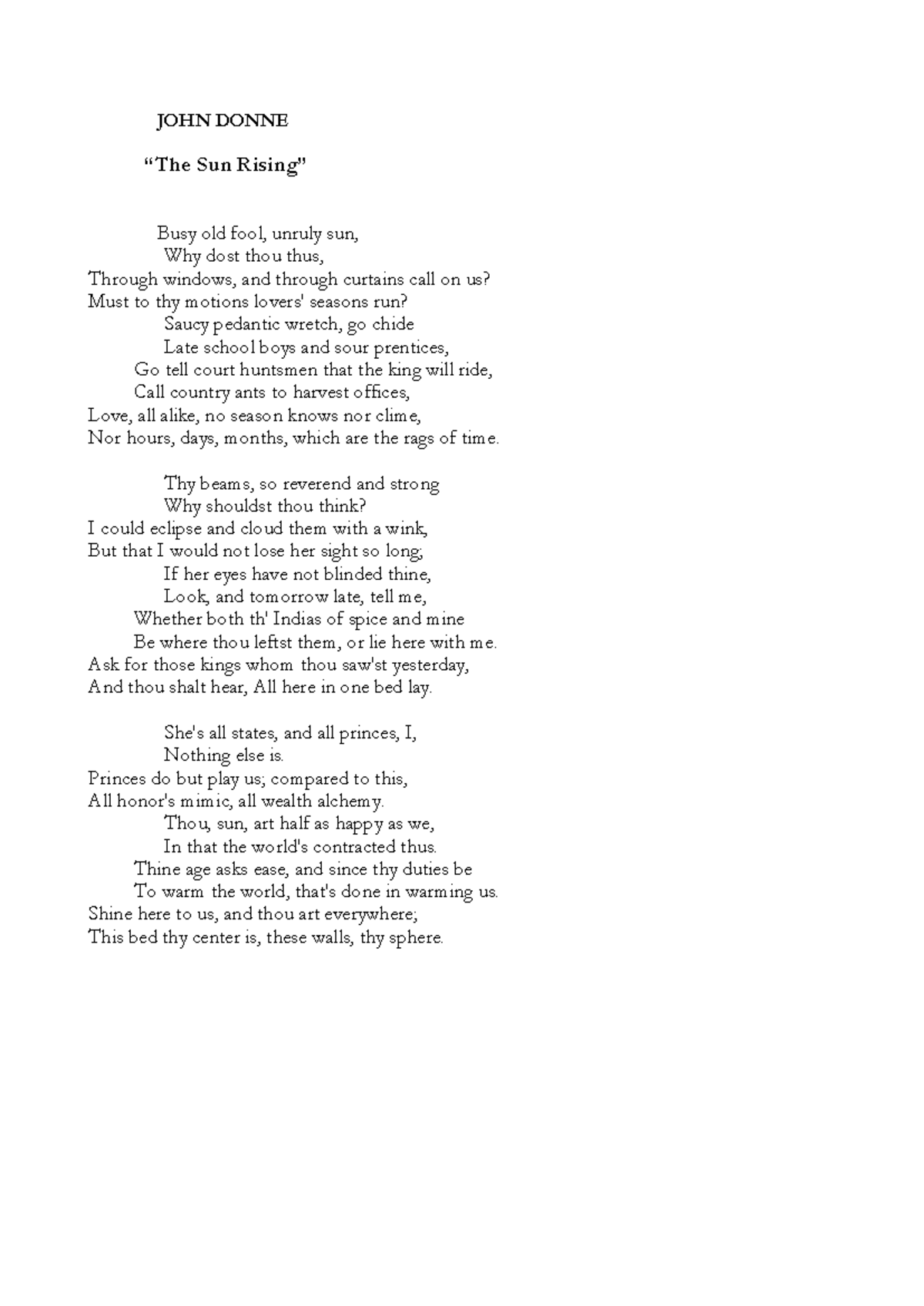 JOHN Donne Poesie - poetry for english - JOHN DONNE “The Sun Rising ...