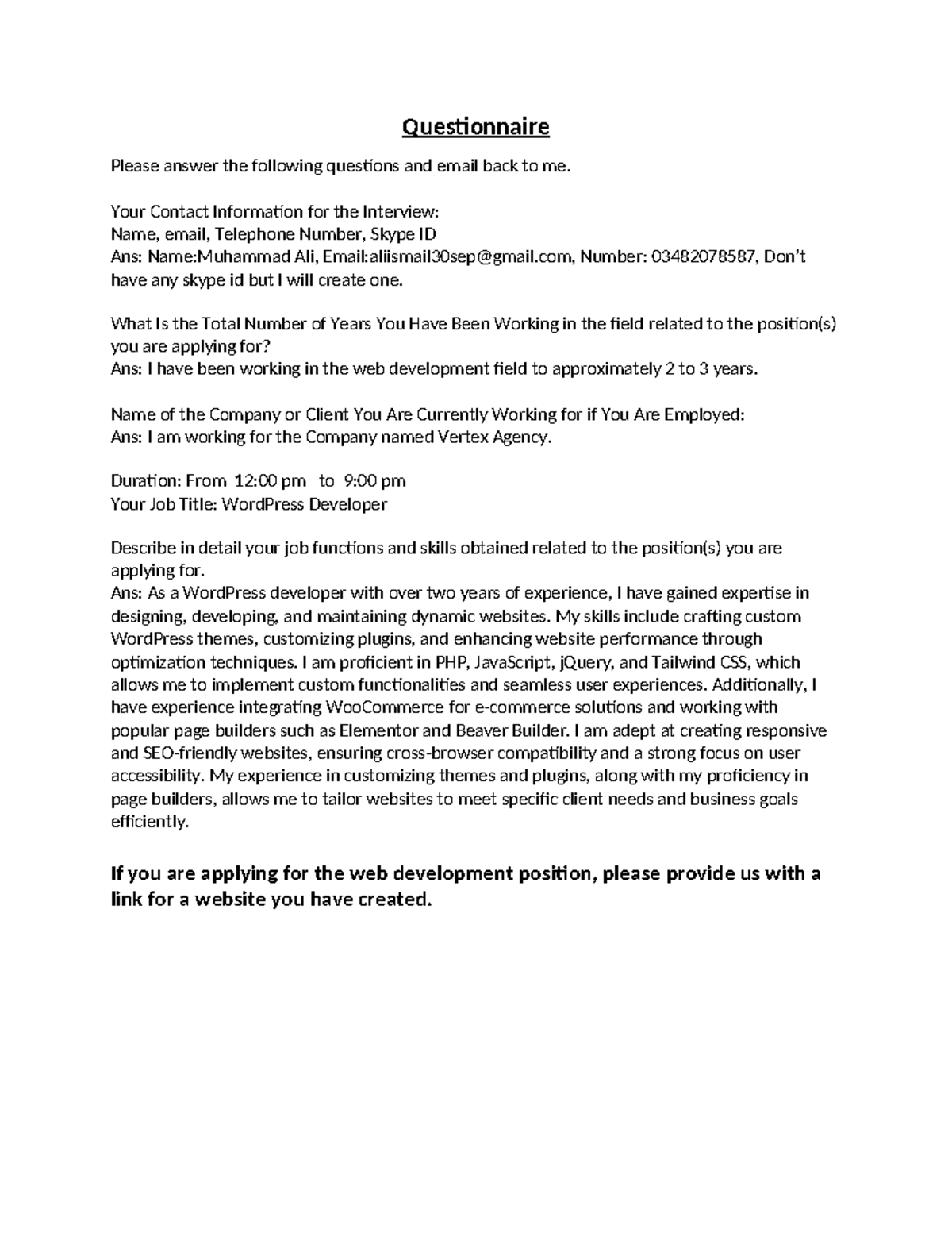 Questionnaire - Web Dev with answers - Questionnaire Please answer the ...