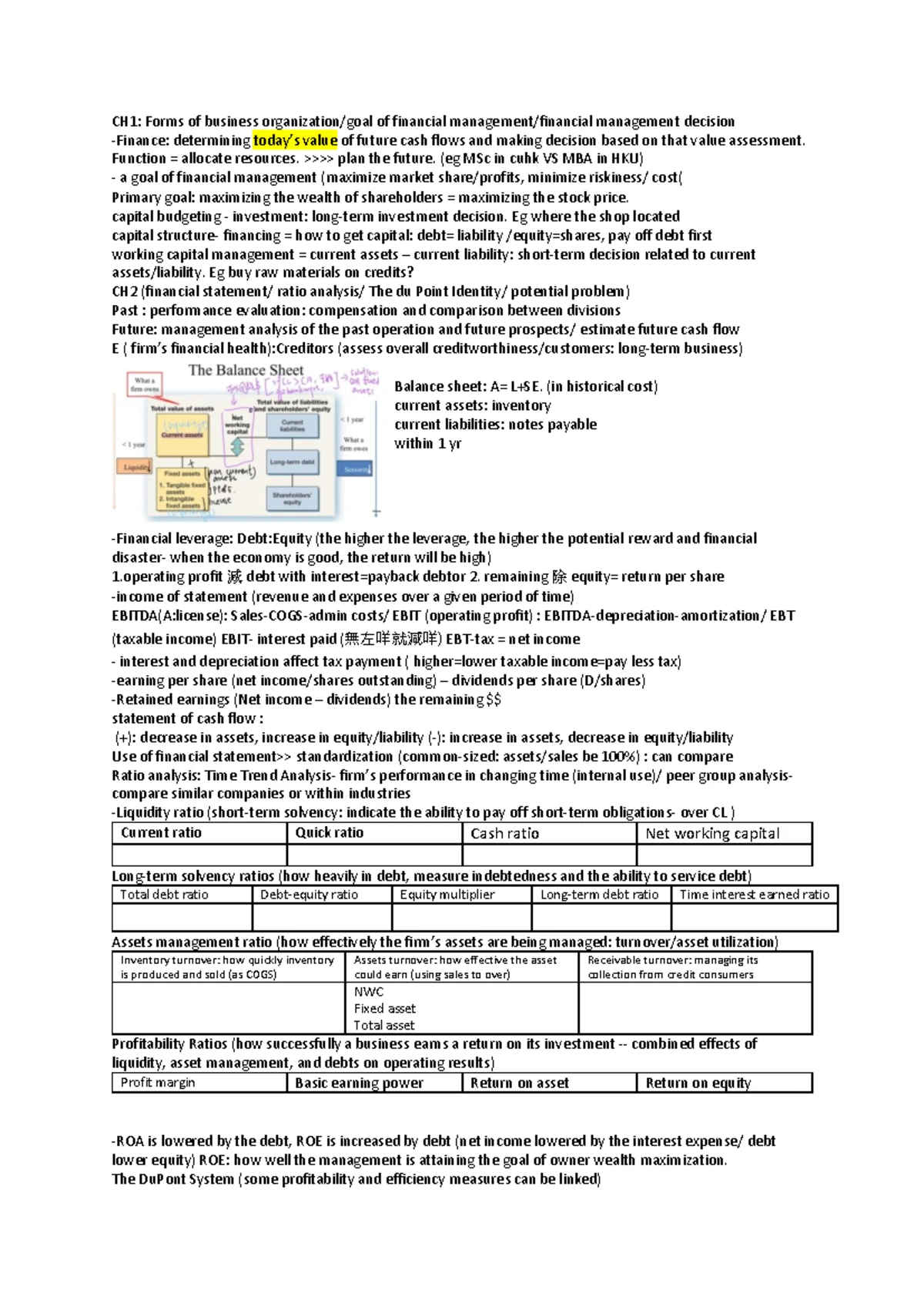 Financial Management Midterm Cheatsheet (Ch1-5) Basics & Key Concepts -  Studocu