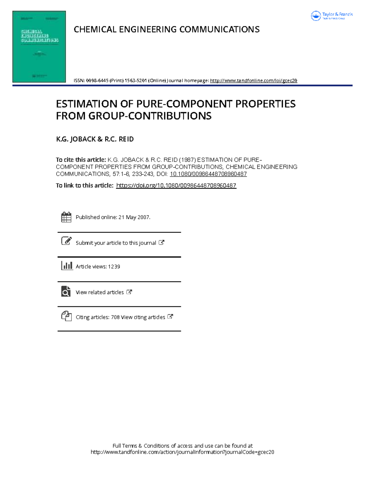 Joback & Reid's Estimation of Pure Component Properties (1987) - Studocu