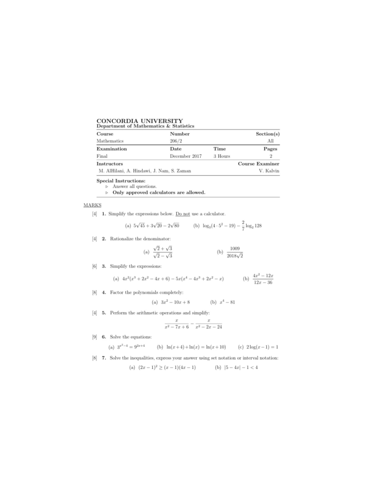 Math 206 Practice Final Exams - CONCORDIA UNIVERSITY Department of ...