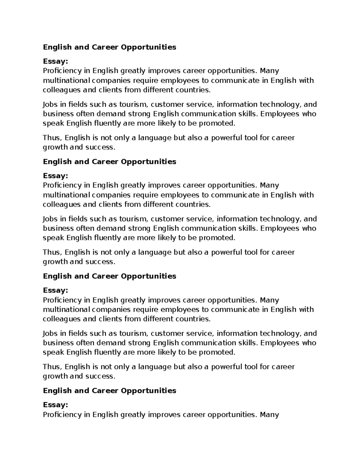 ENG 101: Essay on English Proficiency and Career Growth - Studocu