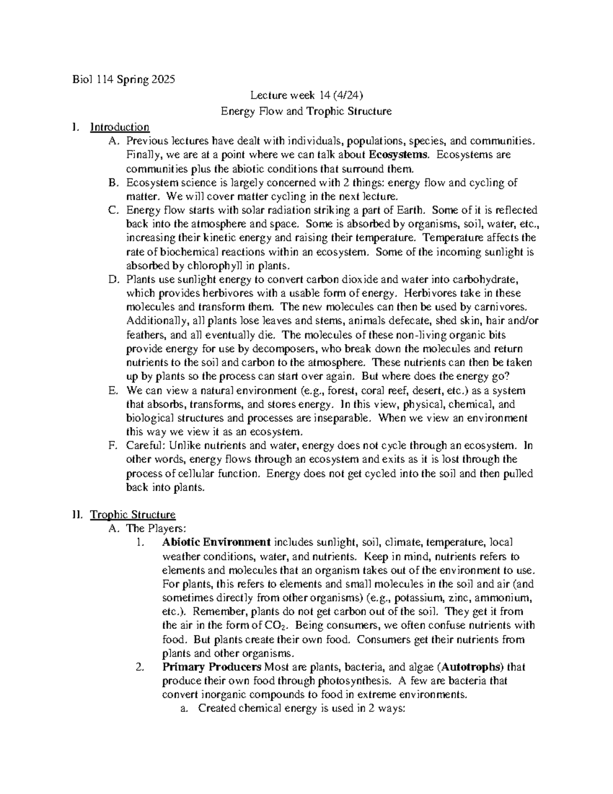 Biol 114 Spring 2025 Lecture Week 14: Energy Flow & Trophic Structure ...