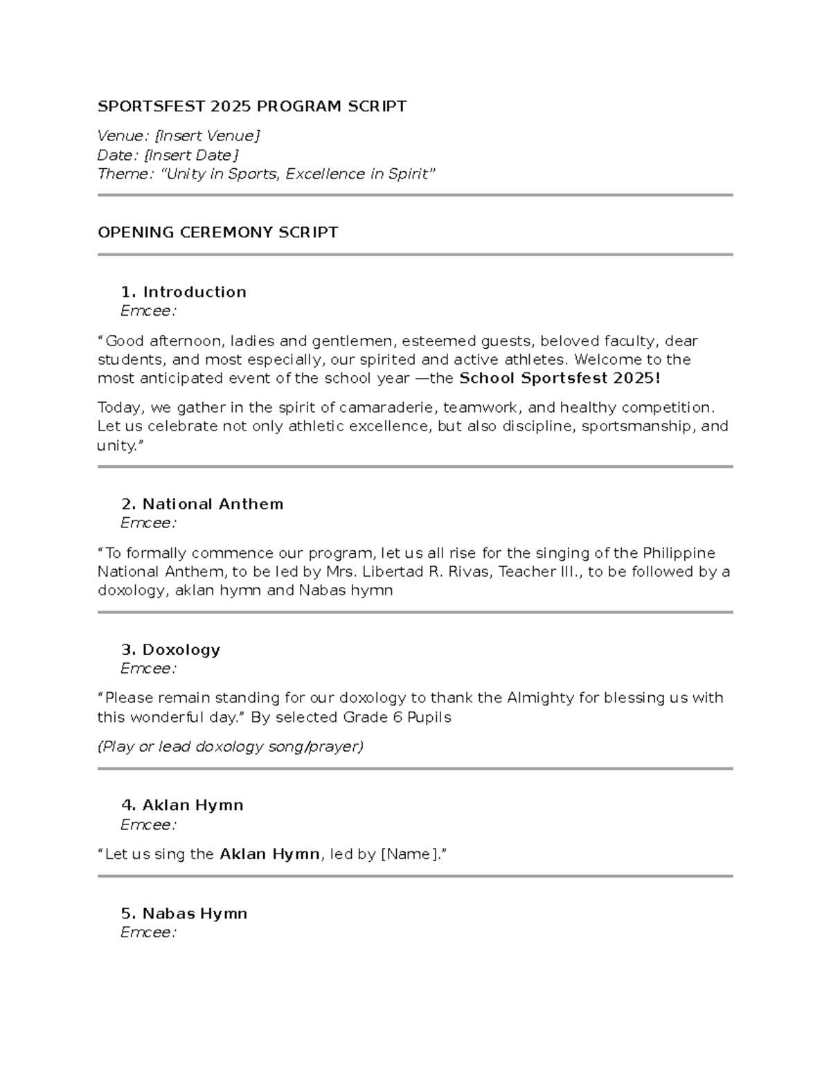 Sportsfest 2025 Opening Ceremony Program Script - Studocu