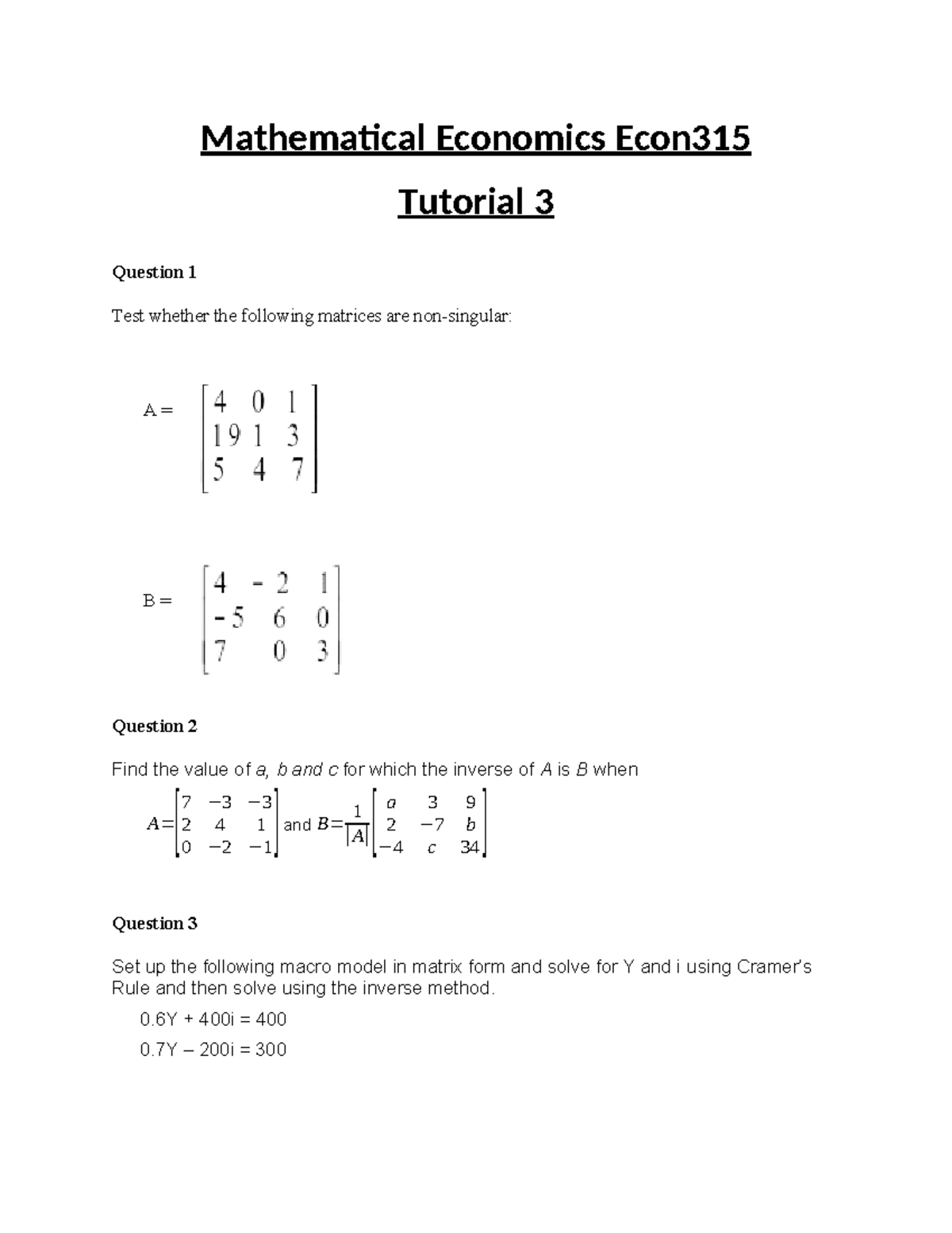 Tutorial 3 - mathematics practice questions - Mathematical Economics ...
