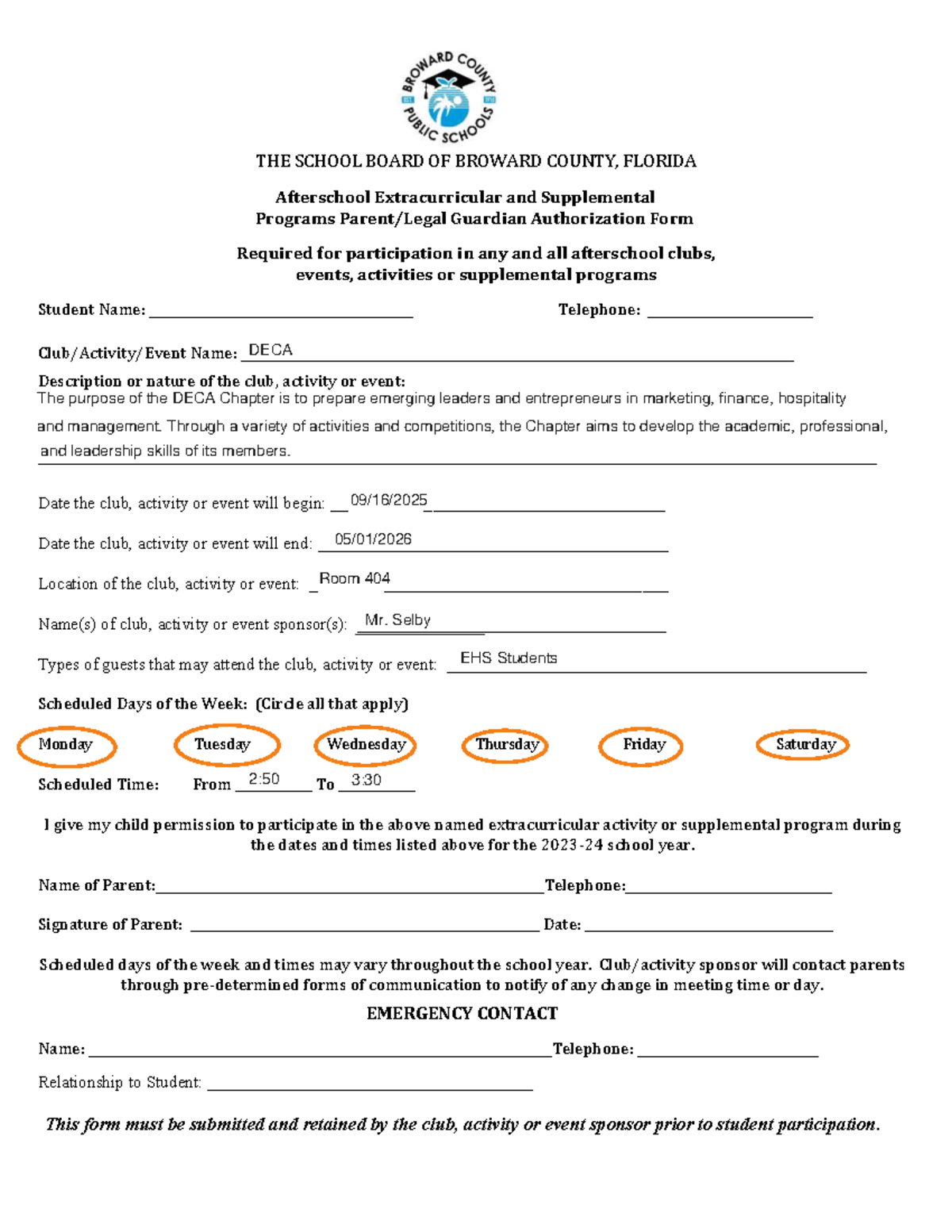 DECA Afterschool Program Guardian Authorization Form - Studocu