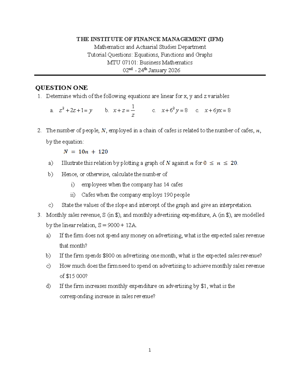 MTU 07101: Business Mathematics Tutorial on Equations & Functions 2024 ...