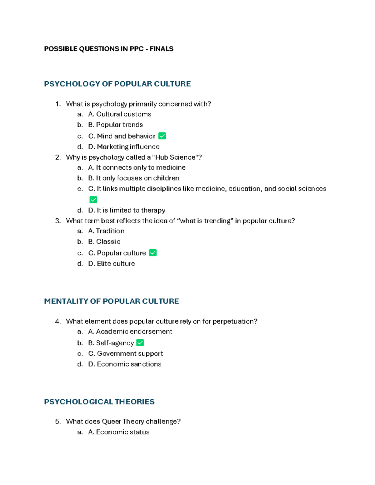Possible Questions for PPC Finals: Psychology of Popular Culture - Studocu