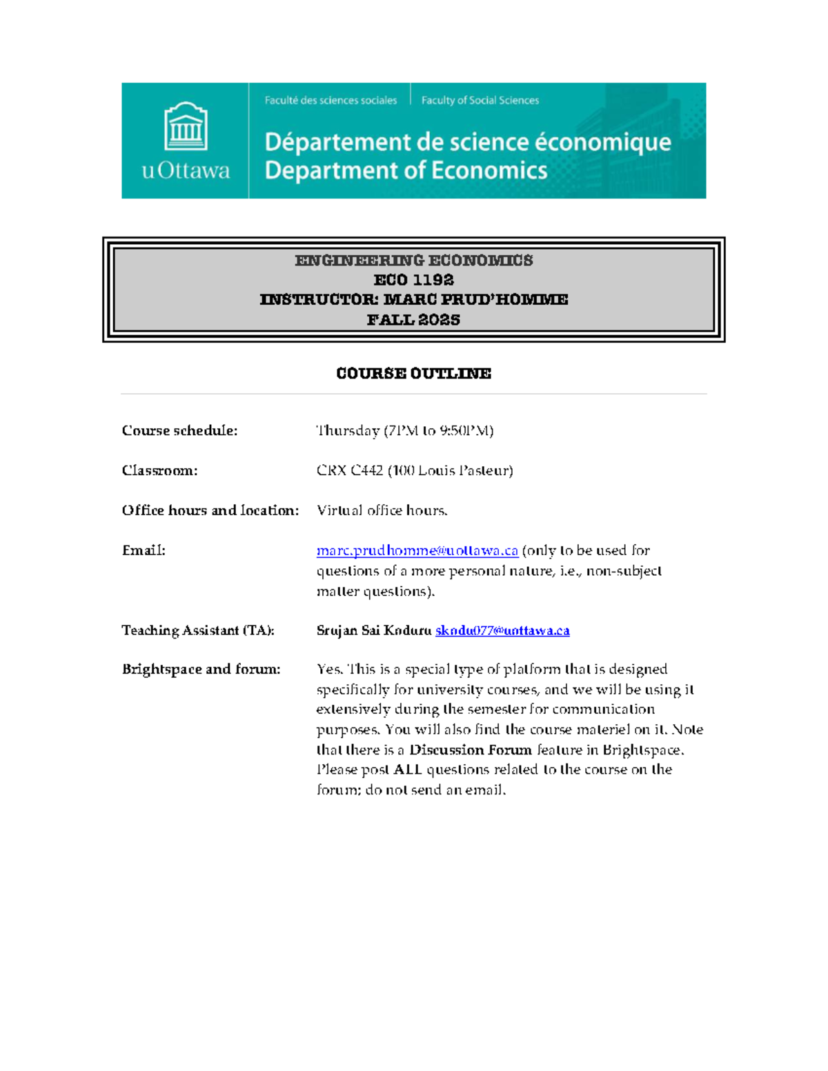 Engineering Economics ECO 1192 Syllabus - Fall 2025 Overview - Studocu