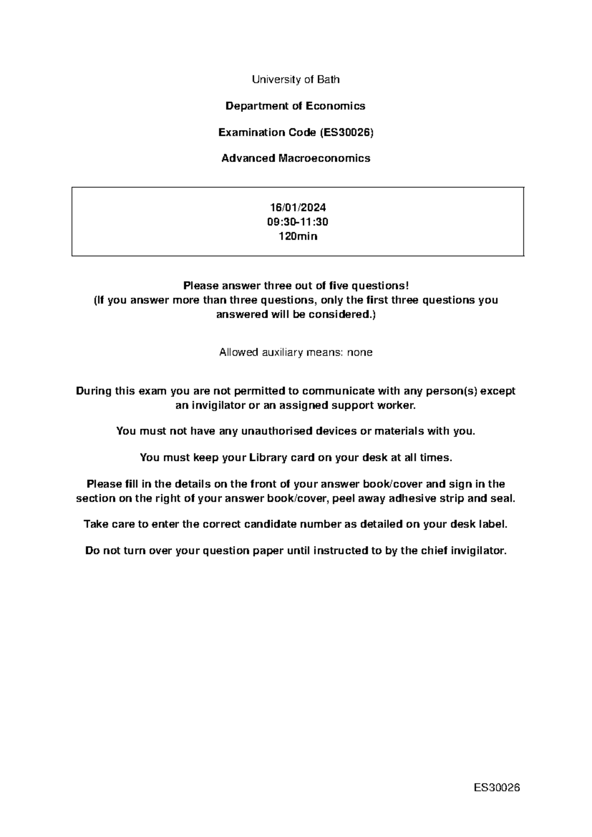 **ES30026 Final Exam Solutions - Advanced Macroeconomics** - Studocu