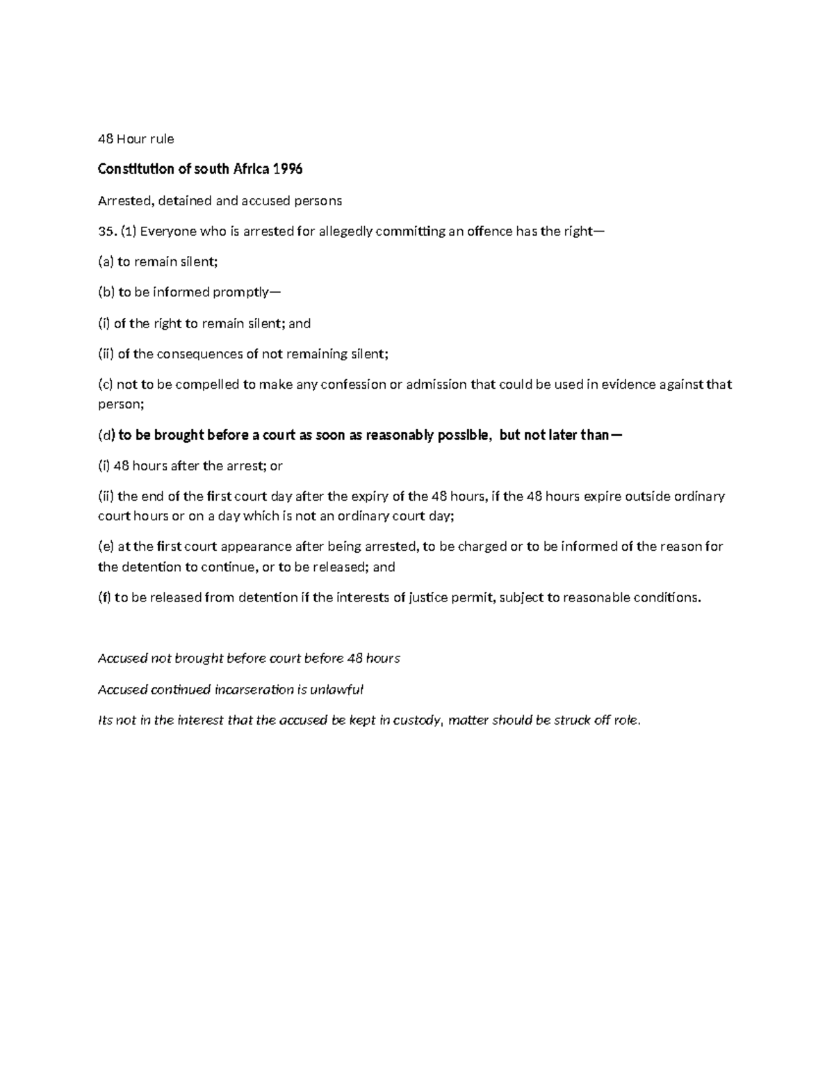 48 Hour Rule: Rights of Arrested Persons in SA Constitution - Studocu