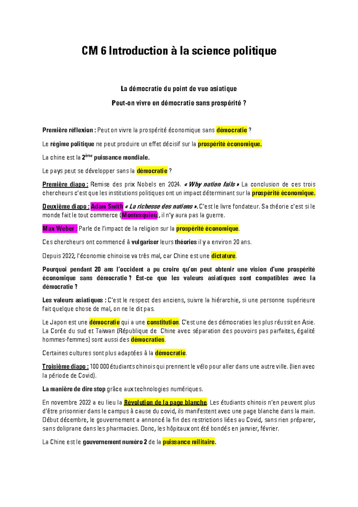 CM 6 Introduction à la science politique : Démocratie et prospérité en ...