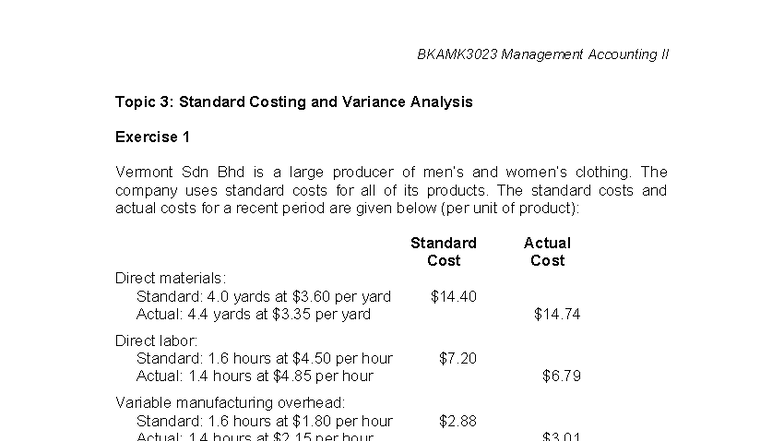 Exercise topic 3 - Topic 3: Standard Costing and Variance Analysis ...