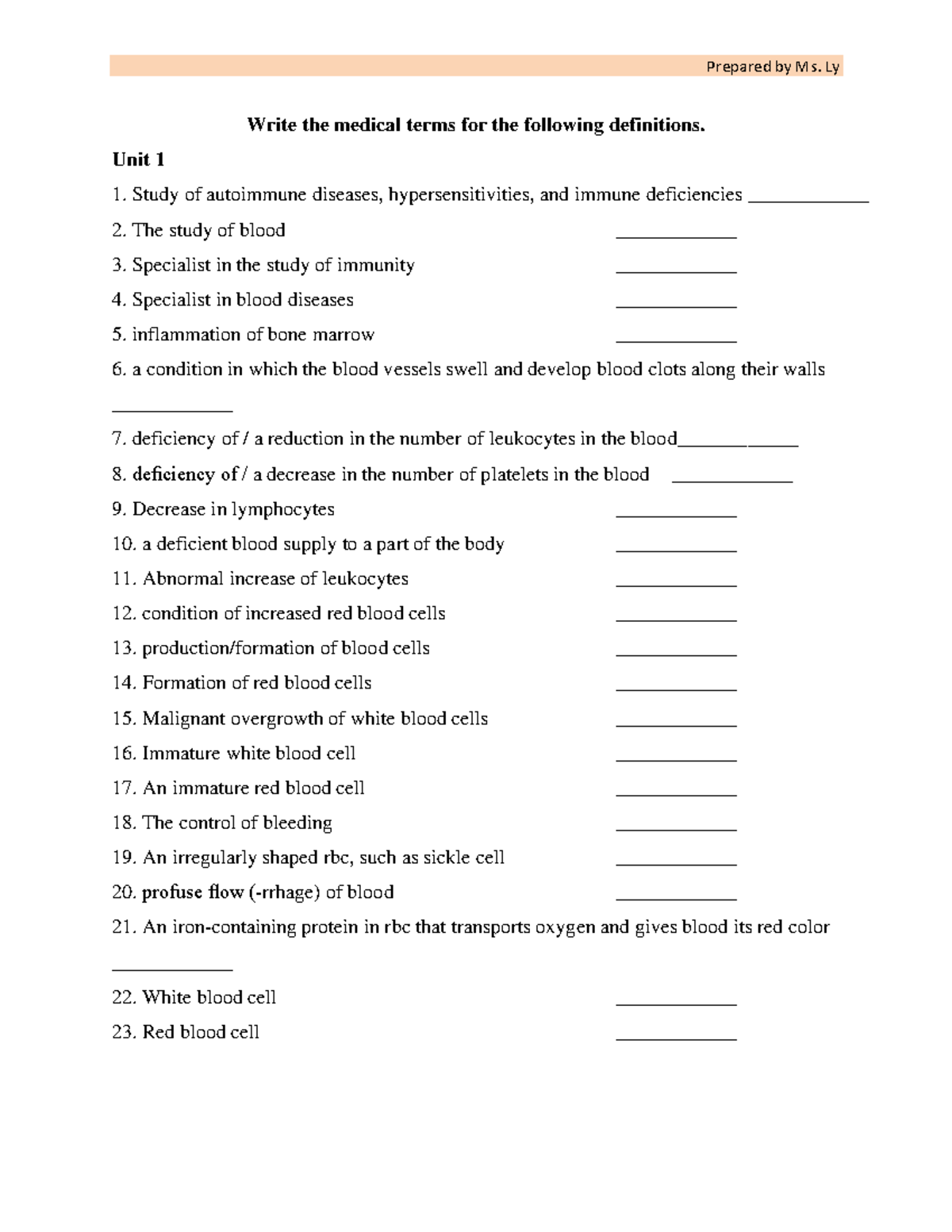 Medical Terms Definitions Quiz for Unit 1 & 2 (MED 101) - Studocu