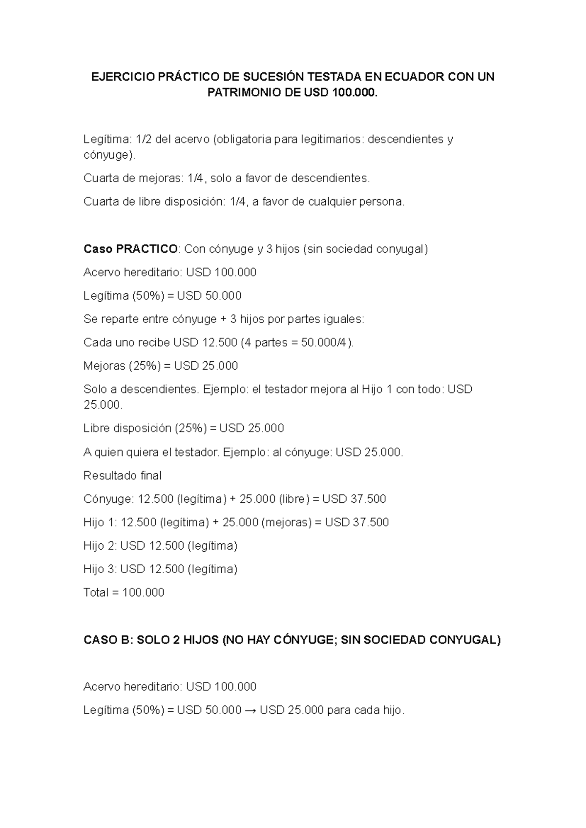 Ejercicio Práctico de Sucesión Testada en Ecuador: Caso de Patrimonio ...
