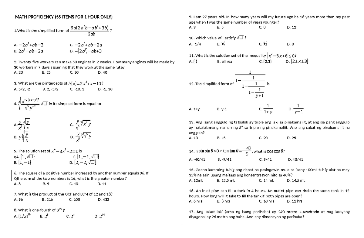 POST-EXAM - Gives ideas to students - MATH PROFICIENCY (55 ITEMS FOR 1 ...