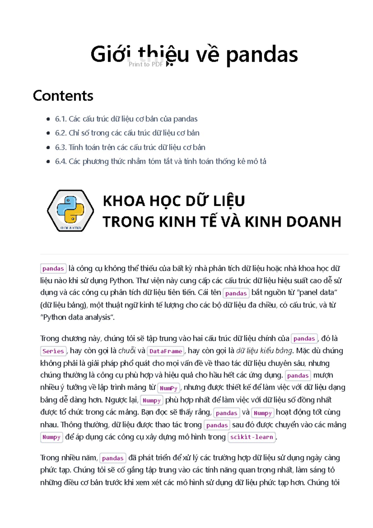 Chương 6: Giới thiệu về pandas - Cấu trúc dữ liệu và chỉ số - Studocu