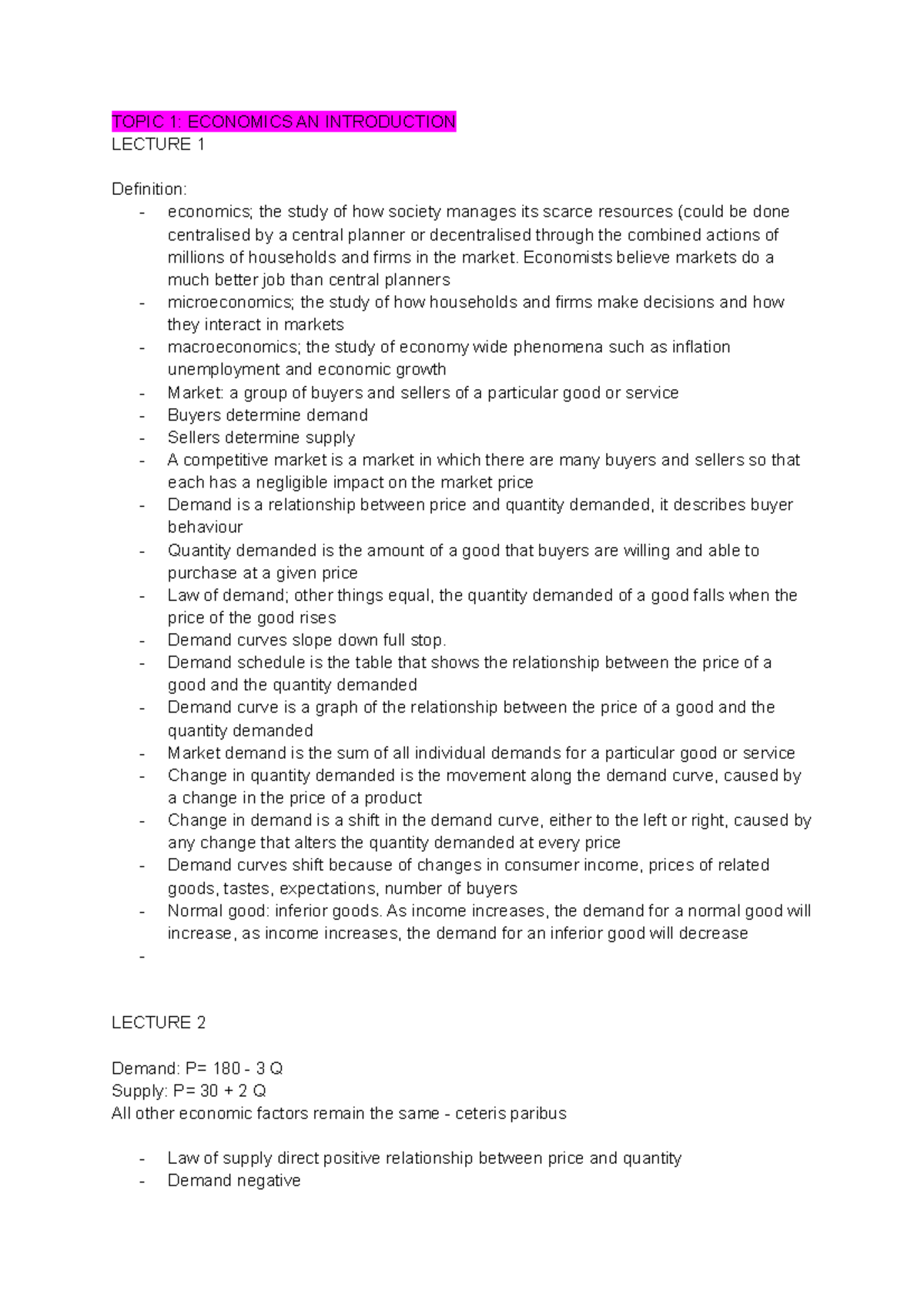 Econ 151 - Lecture Notes on Topics 1-6: Demand & Supply Insights - Studocu